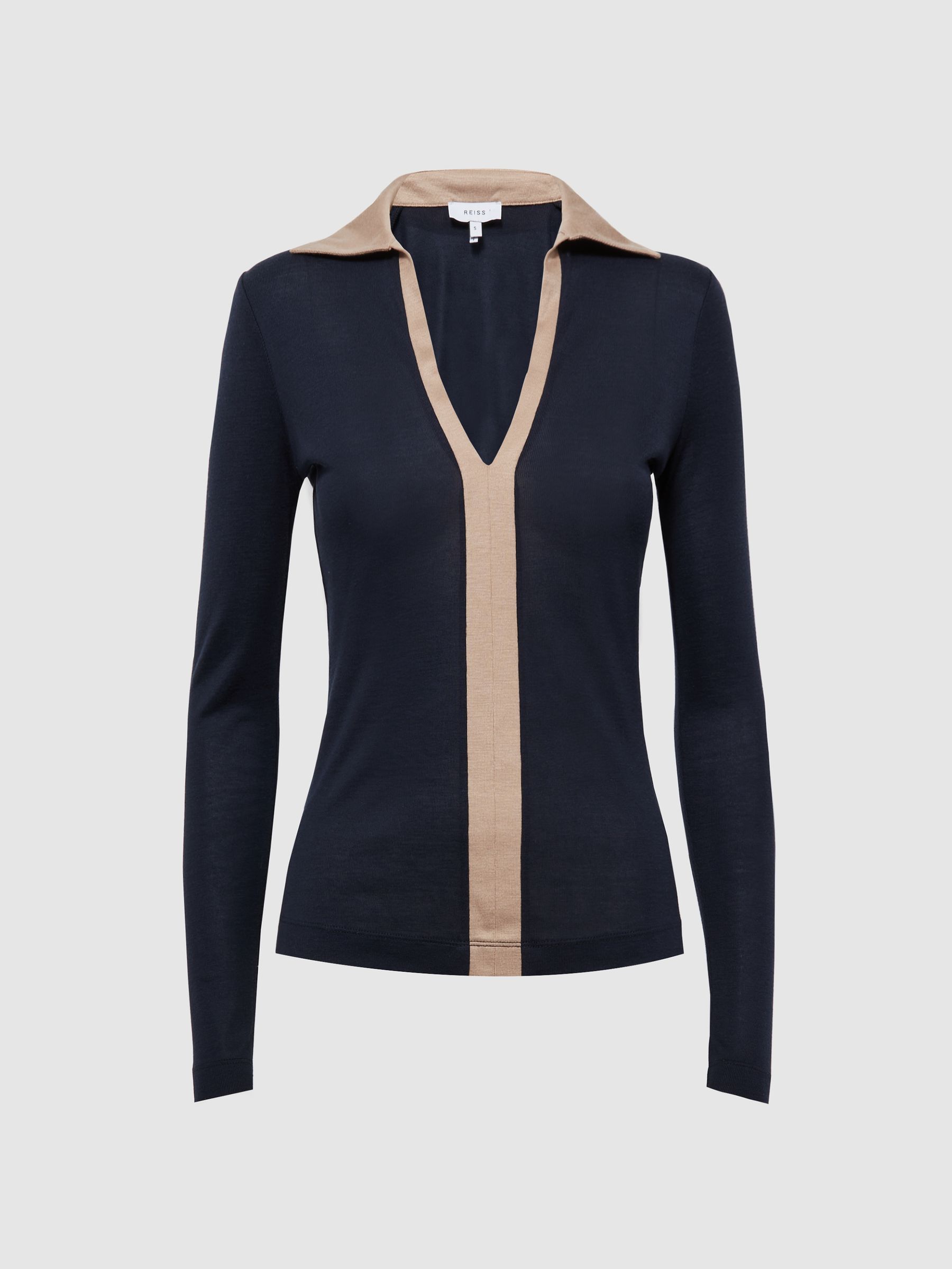 Collared V-Neck Top in Navy/Camel - Image 2 of 5