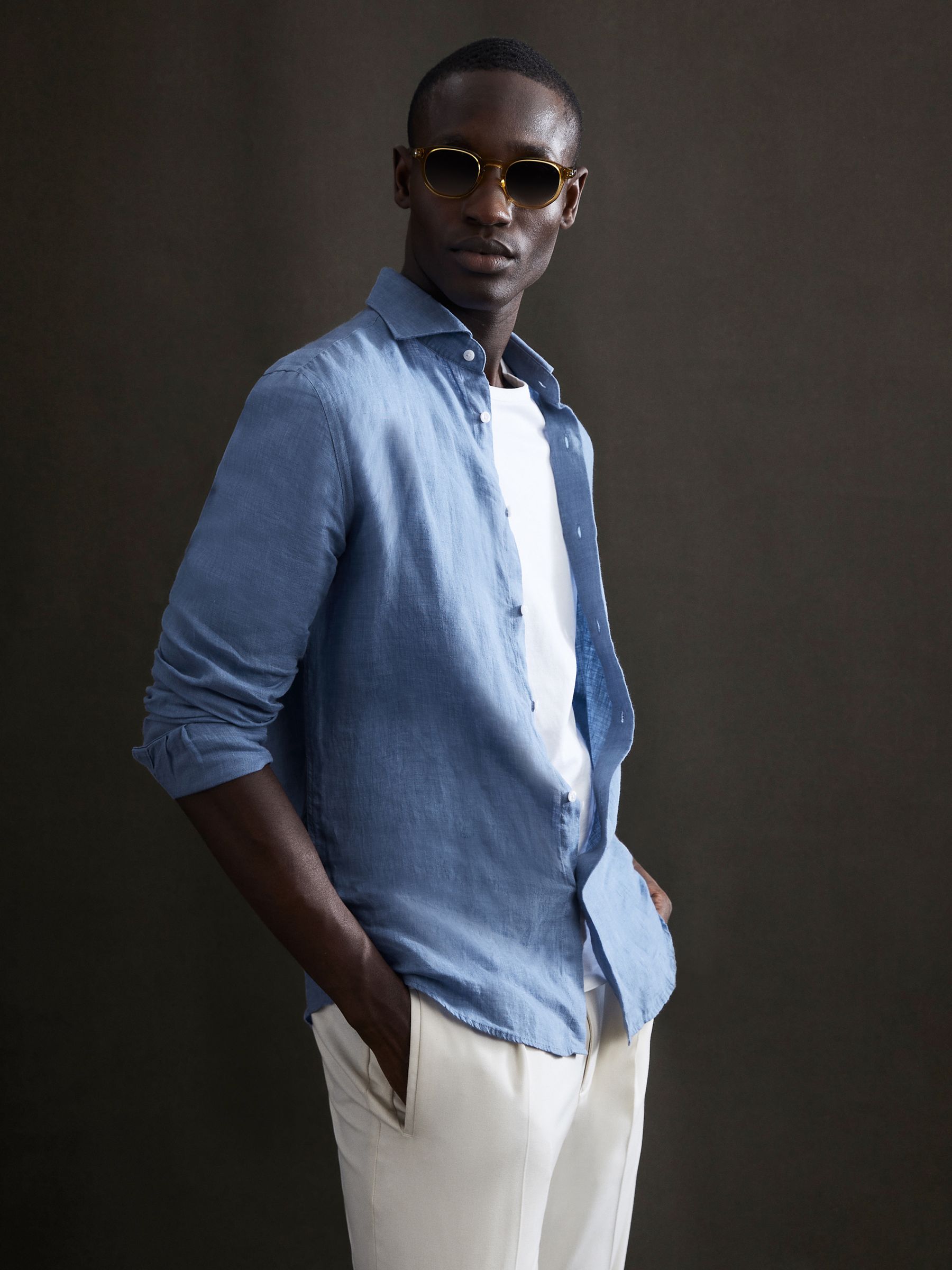 Linen Button-Through Shirt in Airforce Blue - Image 1 of 6