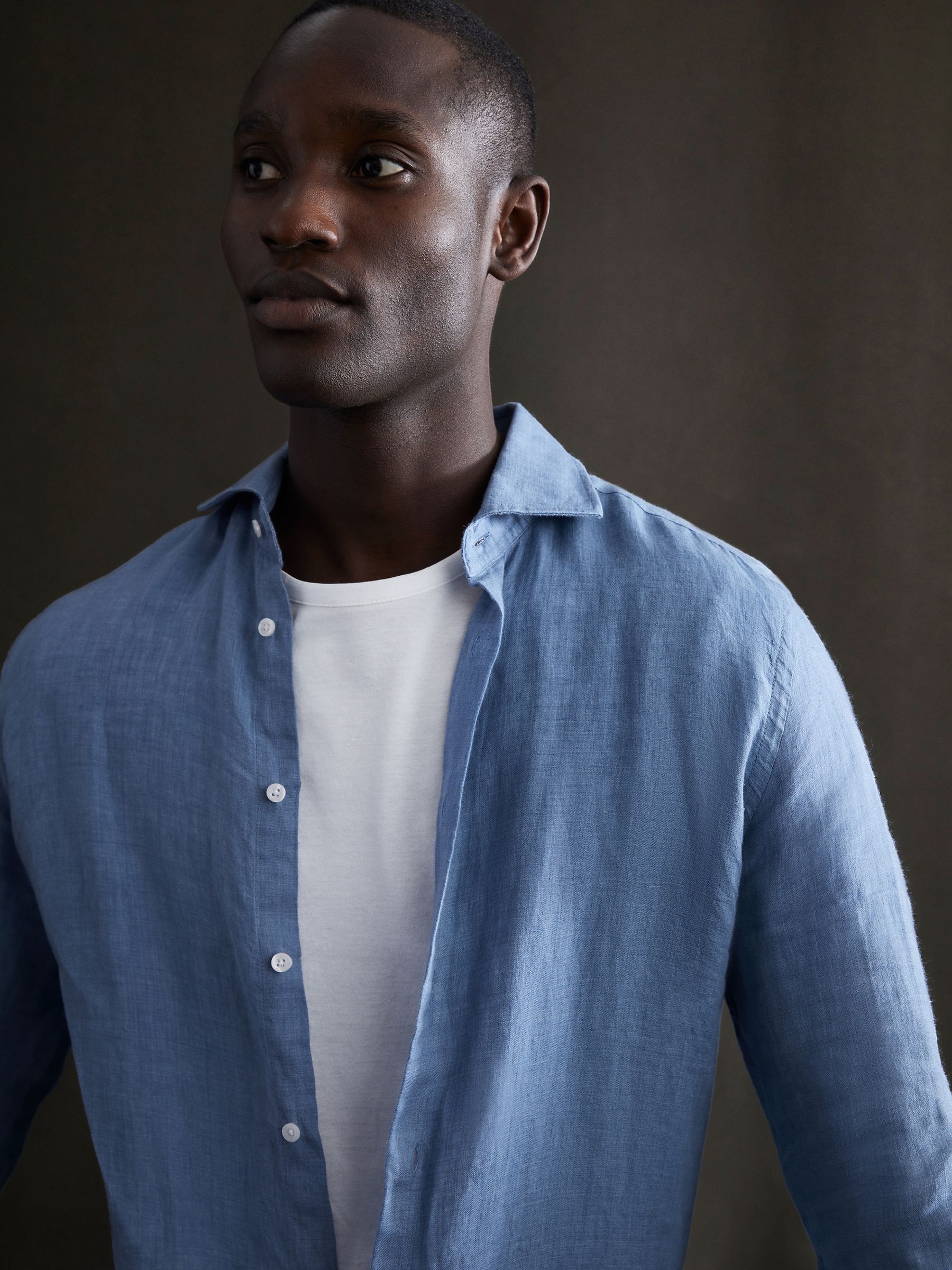 Linen Button-Through Shirt in Airforce Blue - Image 5 of 6