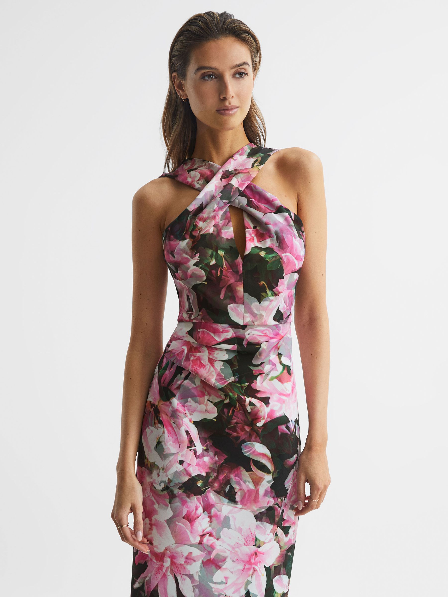 Floral Print Halter Midi Dress in Pink - Image 3 of 6