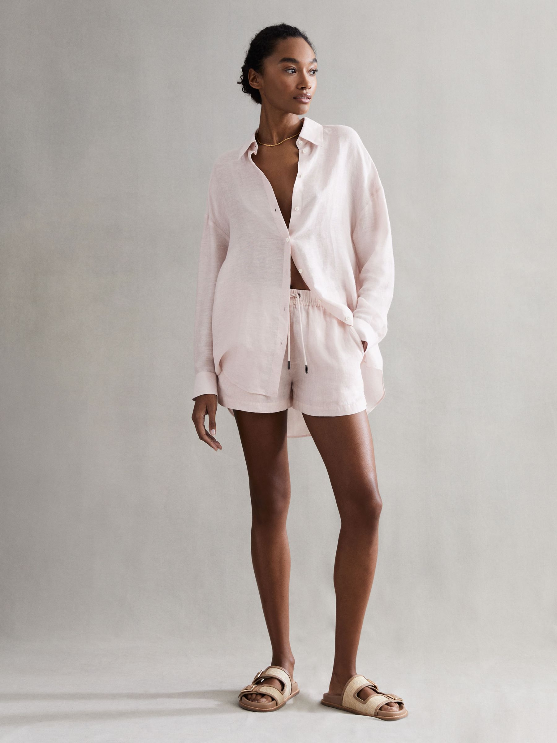 Linen Drawstring Shorts in Soft Pink - Image 1 of 5
