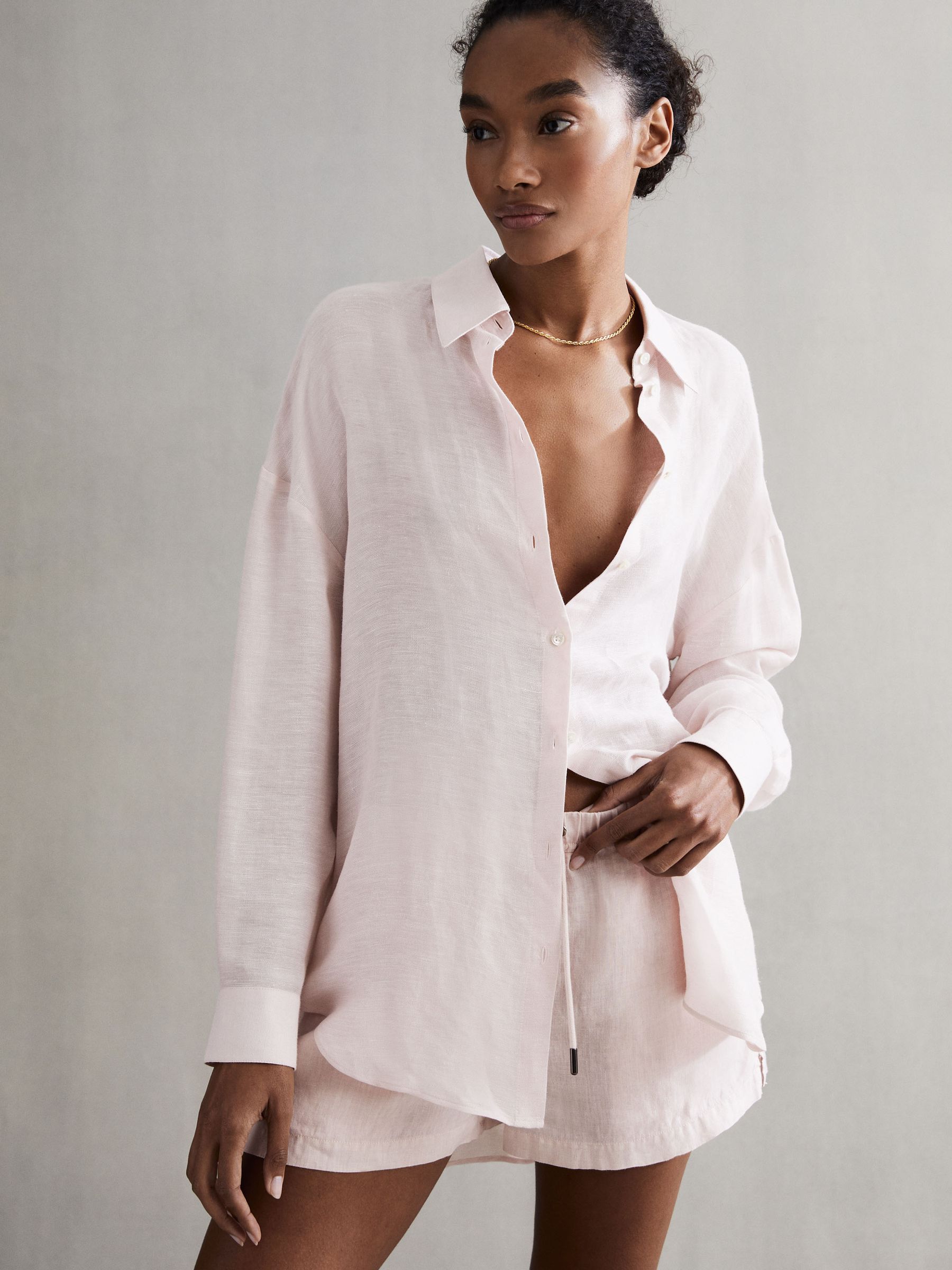 Linen Drawstring Shorts in Soft Pink - Image 3 of 5