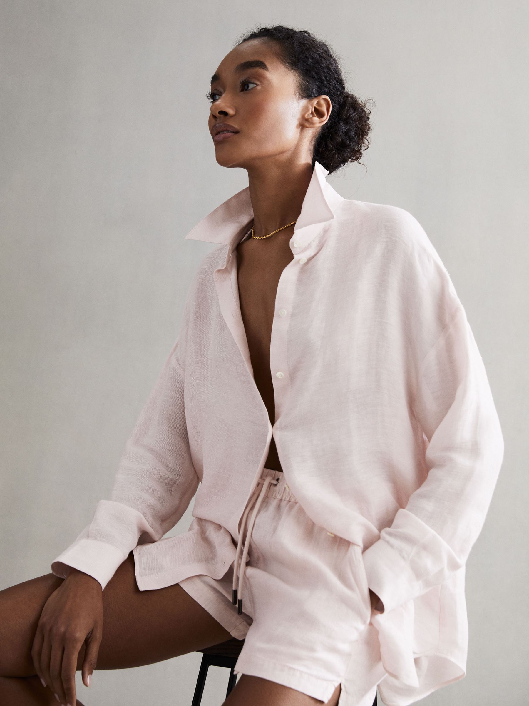 Linen Drawstring Shorts in Soft Pink - Image 5 of 5