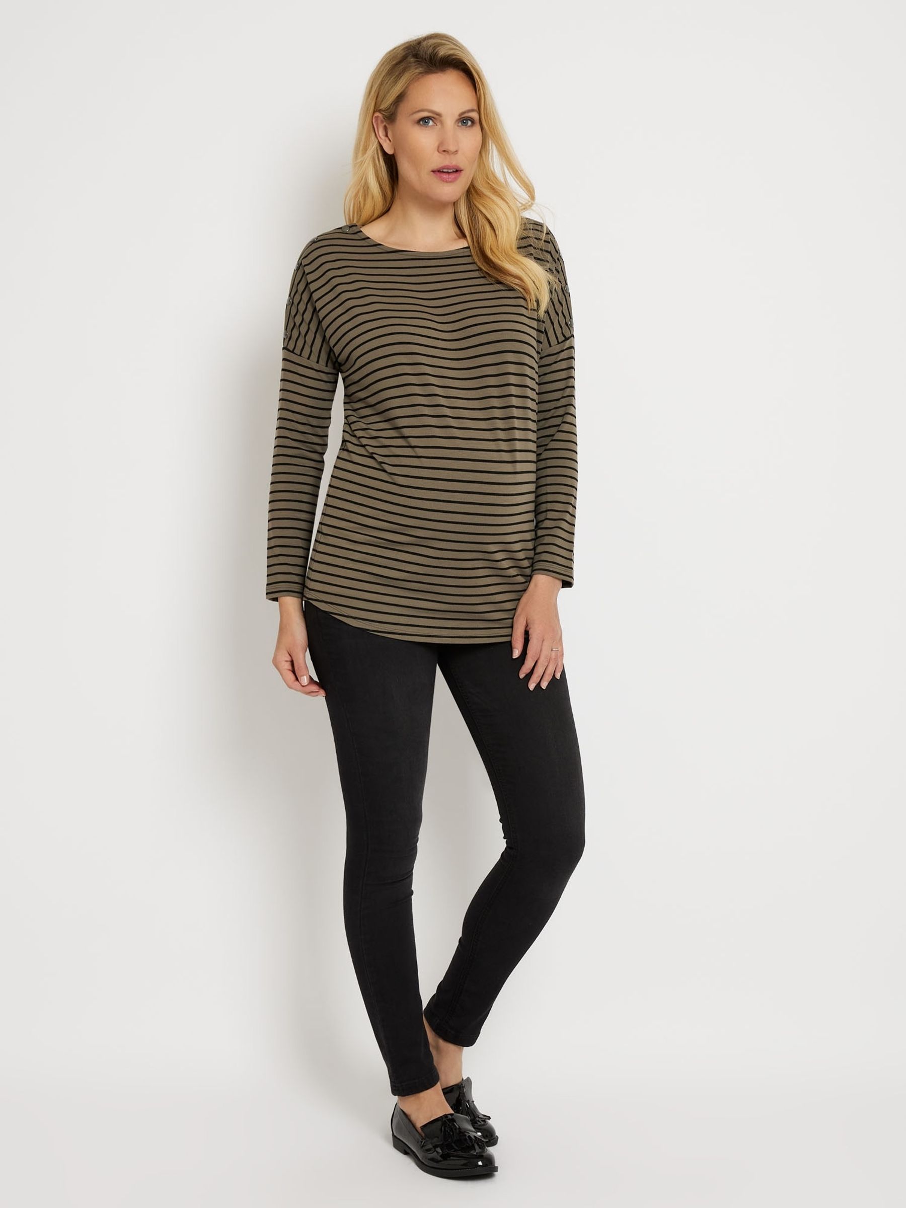 Khaki Stripe Shoulder Opening Maternity & Nursing Top - Image 1 of 4
