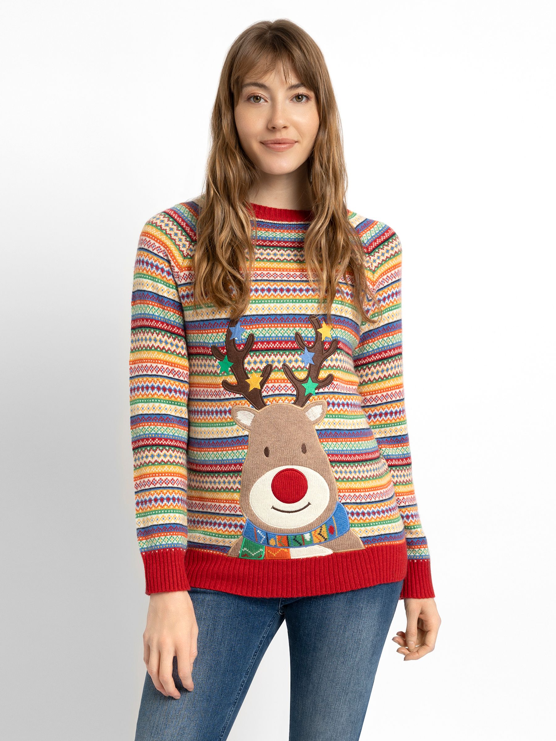 Multi Womens Reindeer Appliqué Fair Isle Pattern Jumper JoJo
