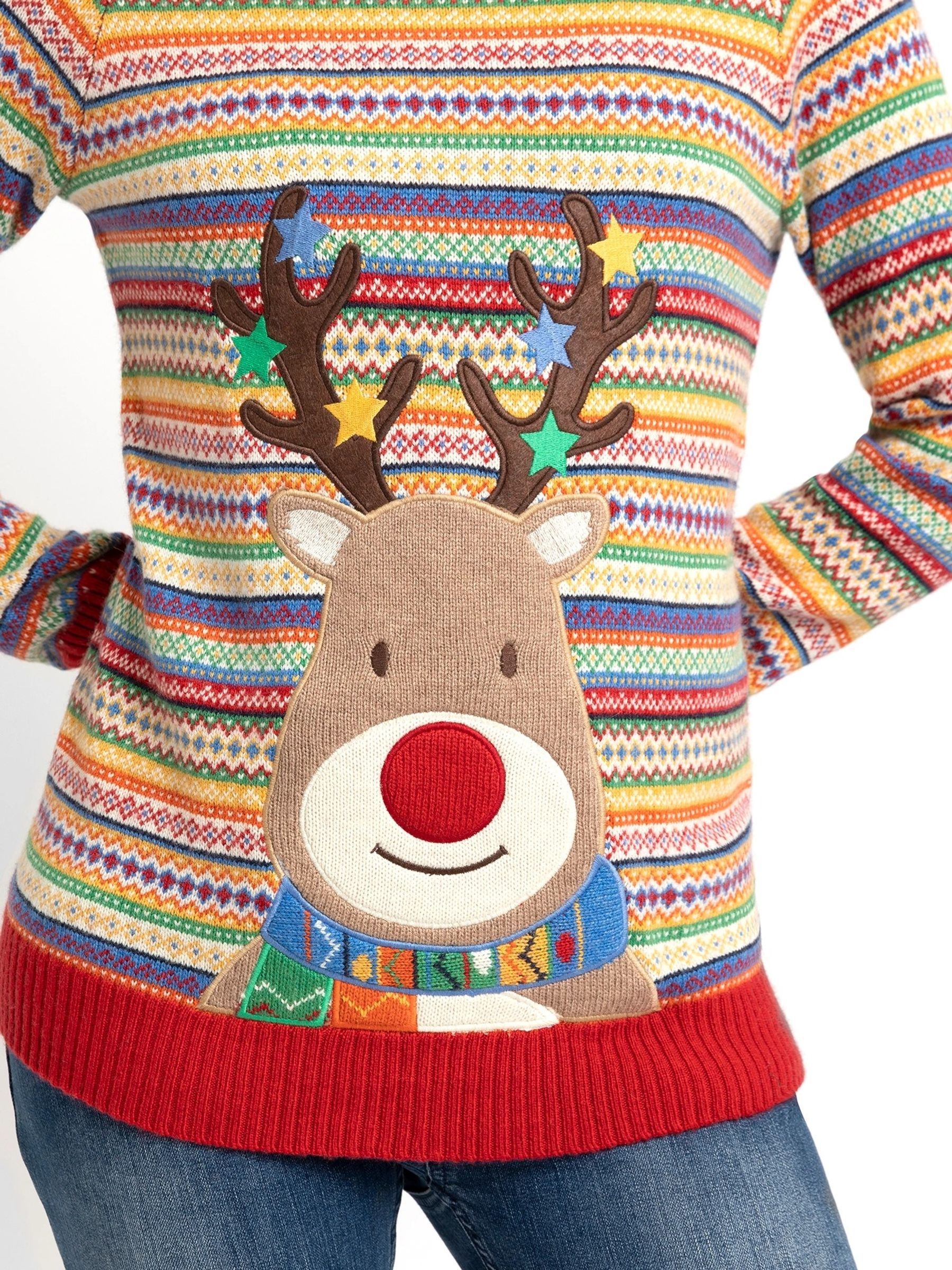 Multi Womens Reindeer Appliqué Fair Isle Pattern Jumper - Image 3 of 4