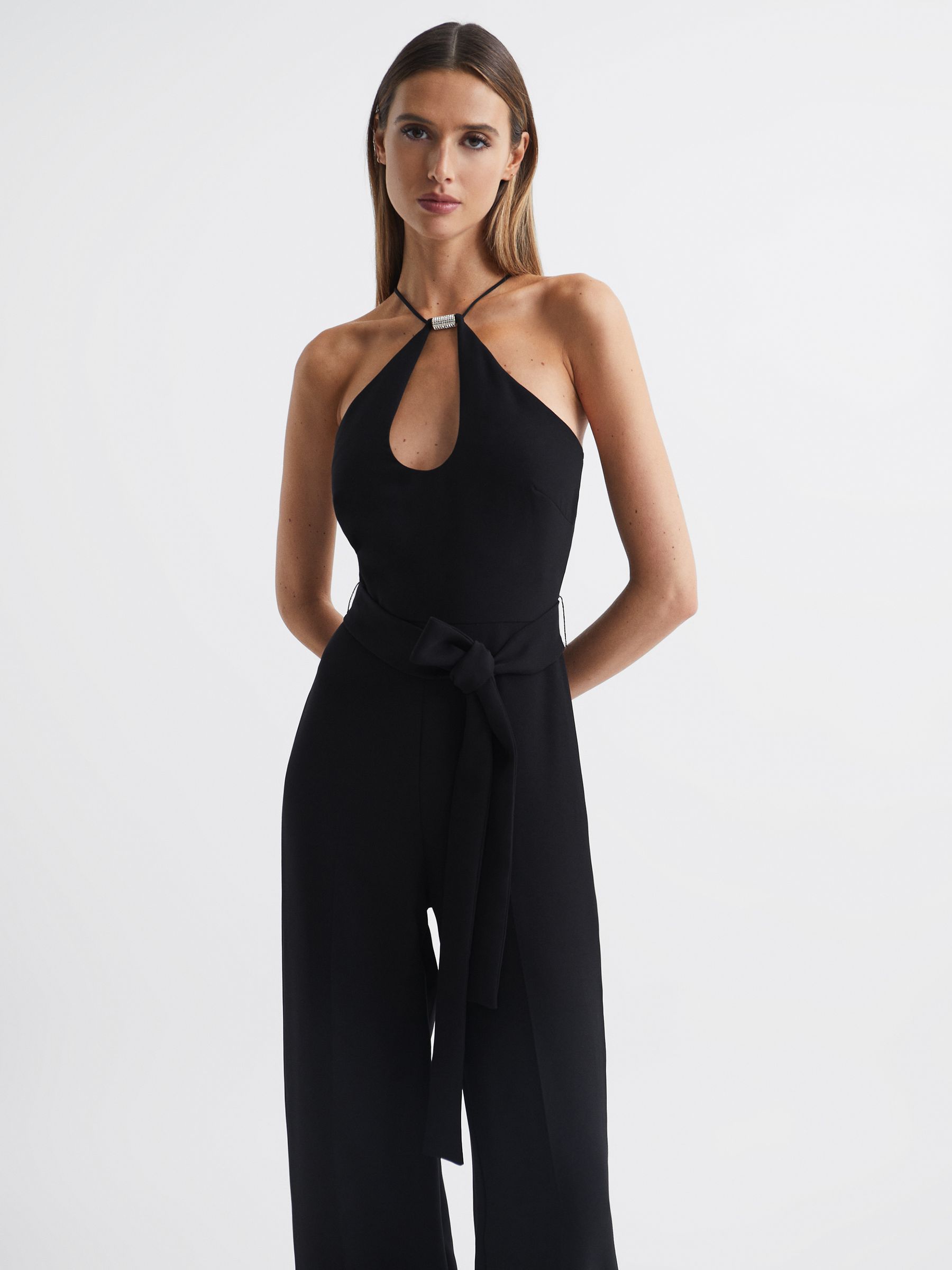 Halston Halter Neck Wide Leg Jumpsuit in Black - Image 3 of 10