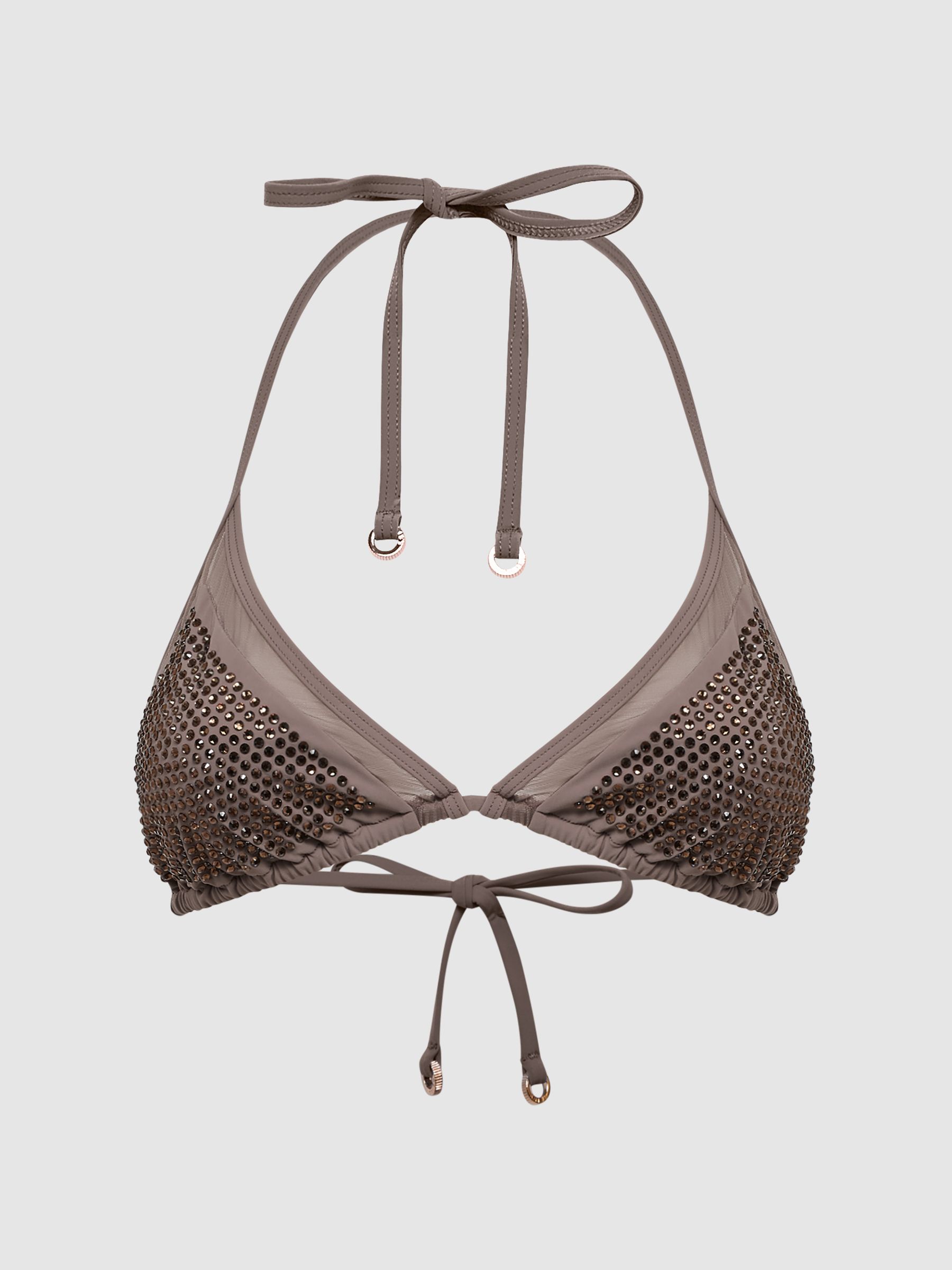 Embellished Halter Bikini Top in Mink - Image 2 of 6