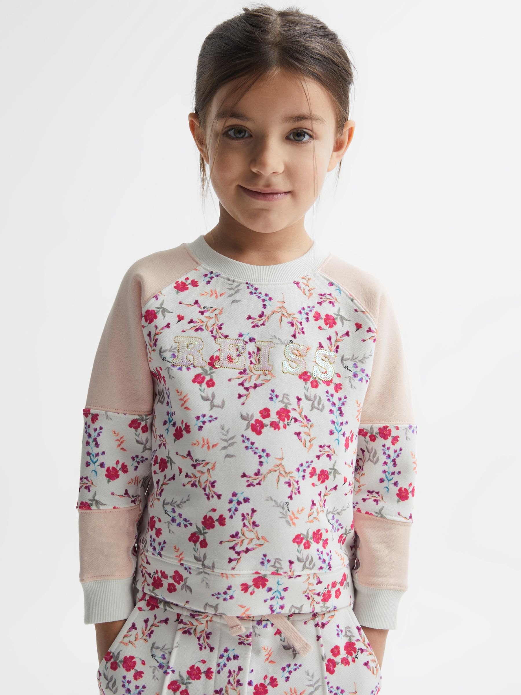 Floral Printed Crew Neck Jumper in Pink Print - Image 1 of 6