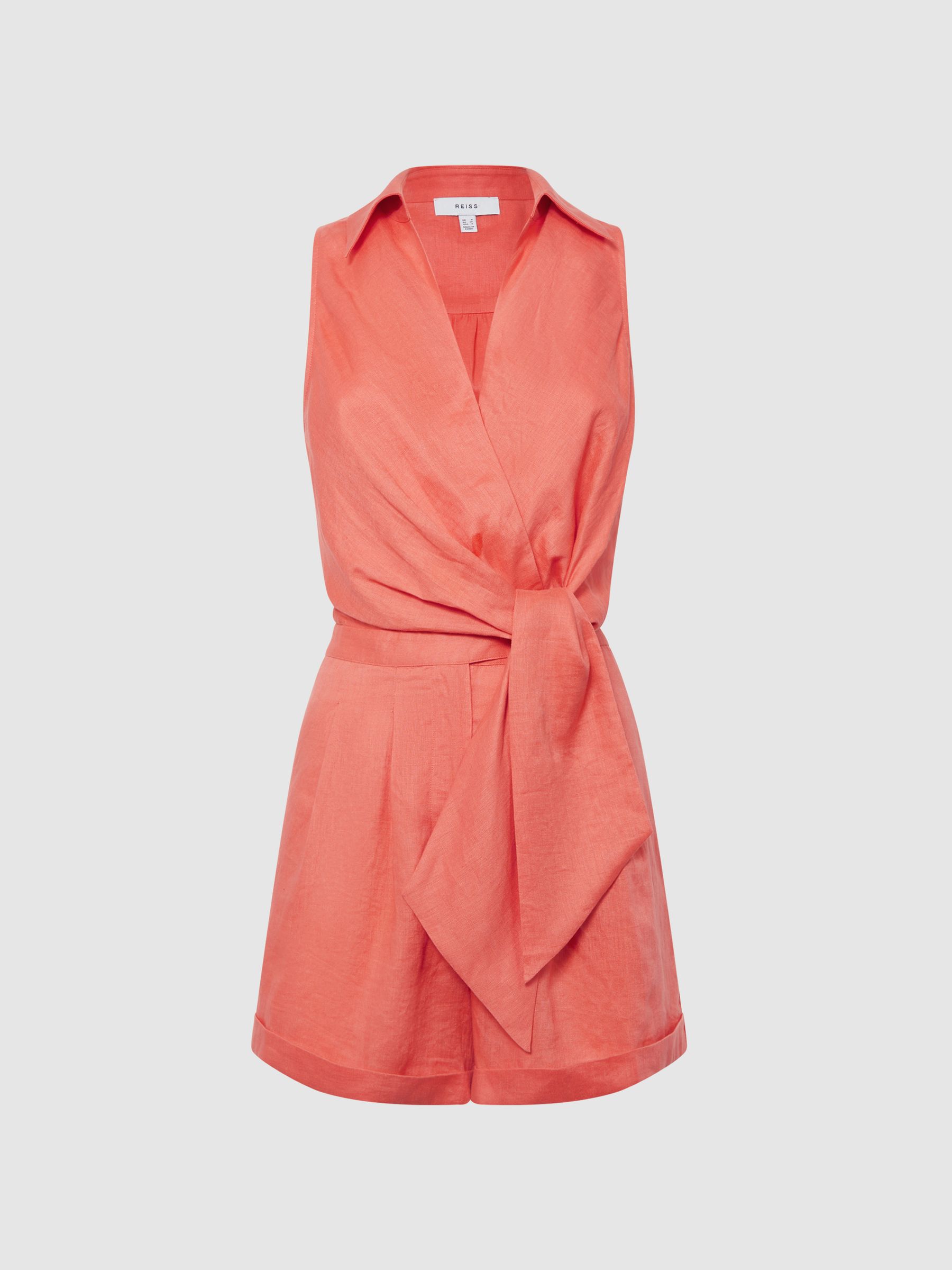 Sleeveless Linen Playsuit in Coral - Image 2 of 4