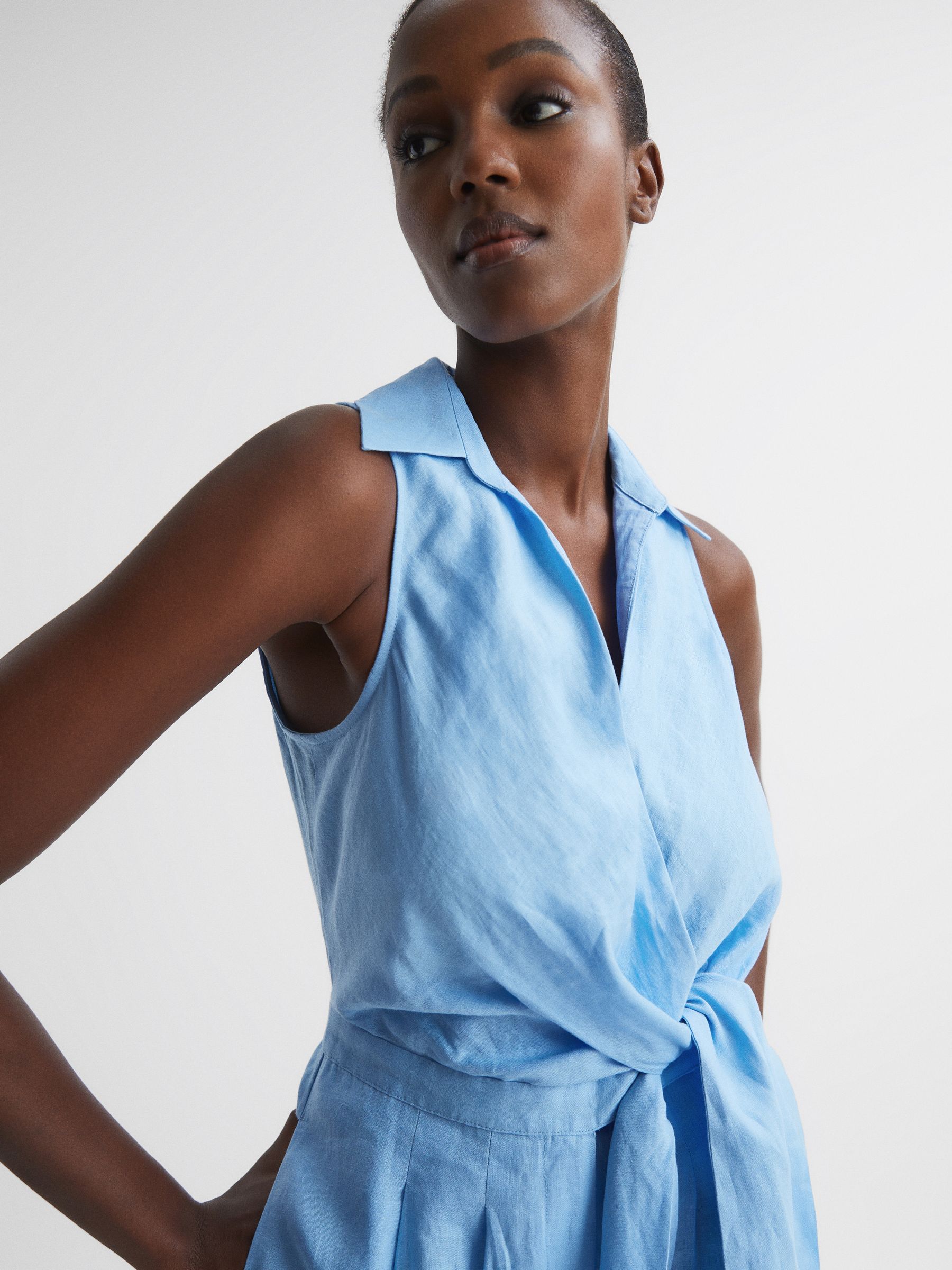Sleeveless Linen Playsuit in Blue - Image 4 of 7