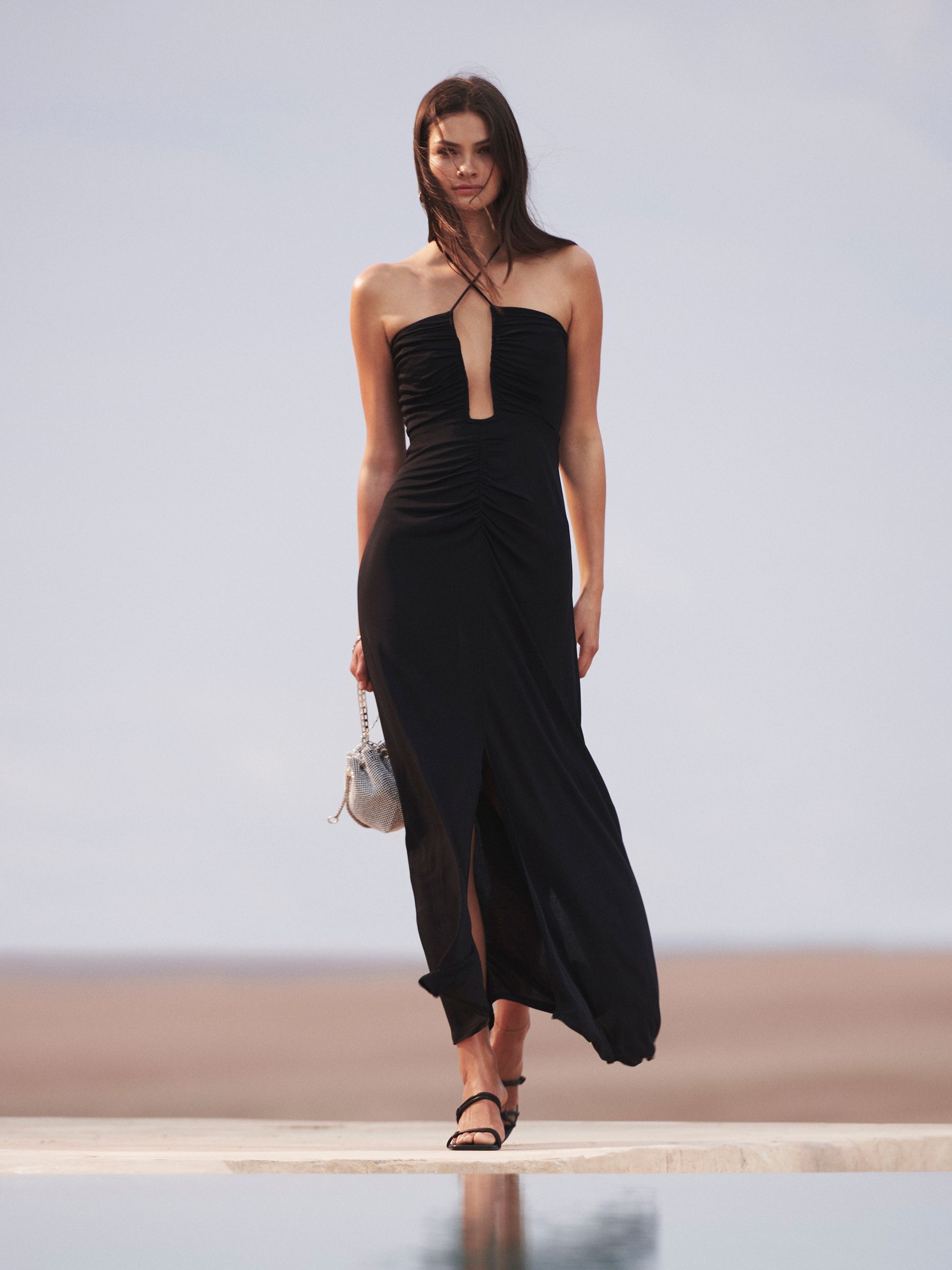 Plunge Halter Neck Maxi Dress in Black - Image 1 of 8