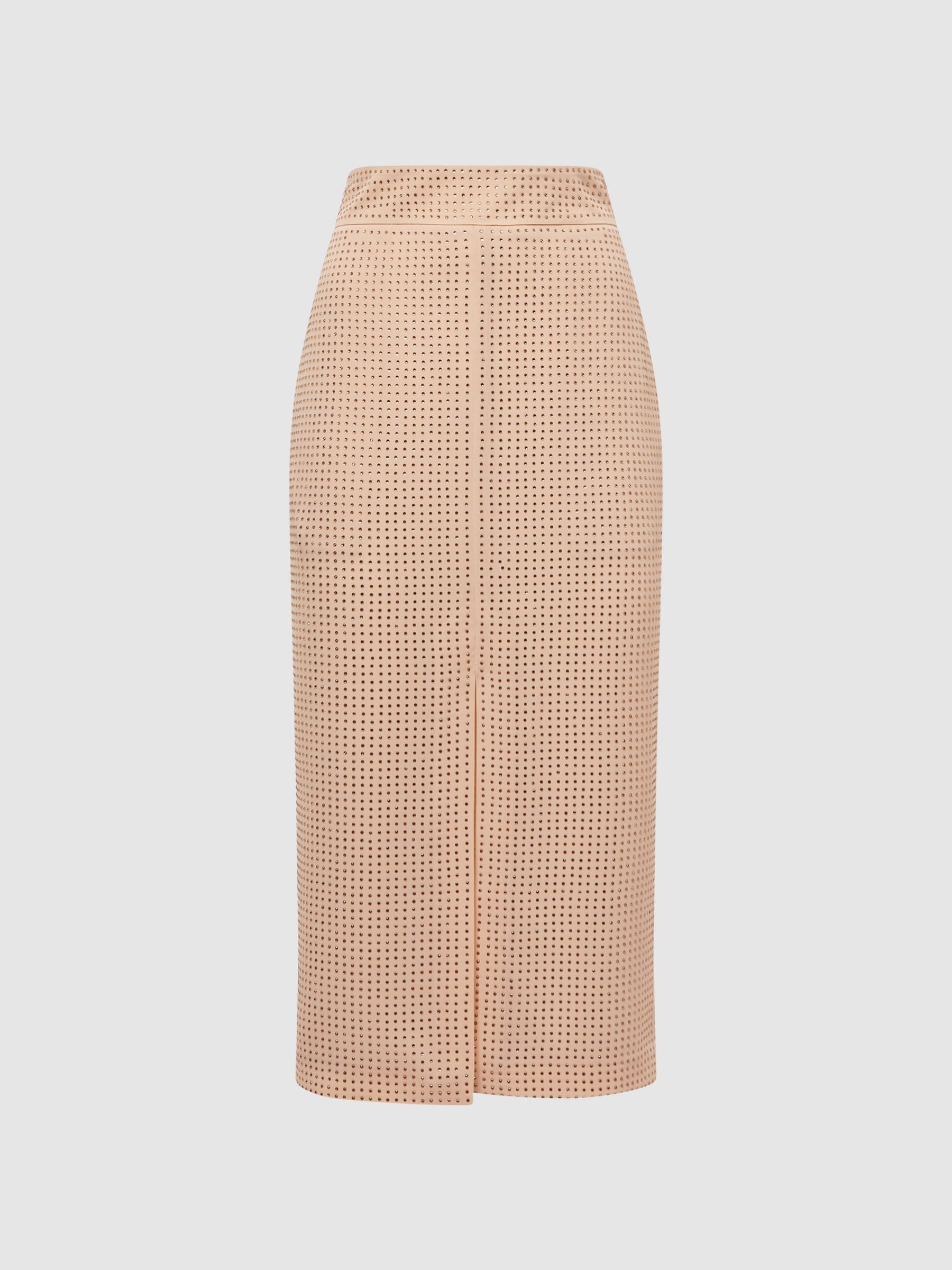 Embellished High Rise Midi Skirt in Nude - Image 2 of 7