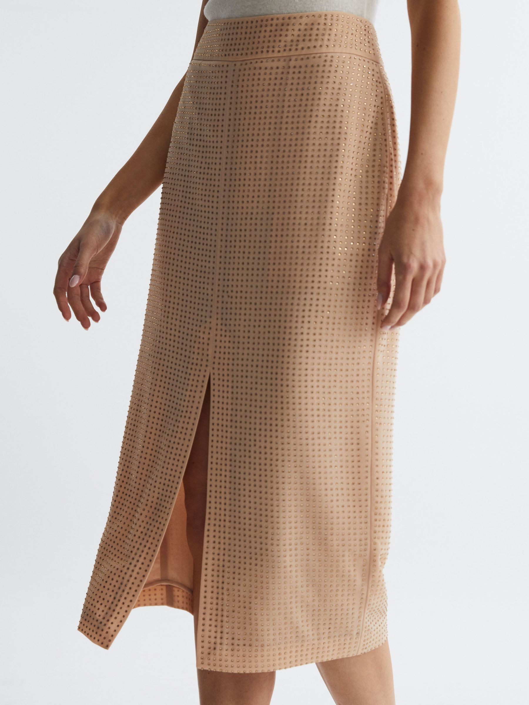 Embellished High Rise Midi Skirt in Nude - Image 3 of 7