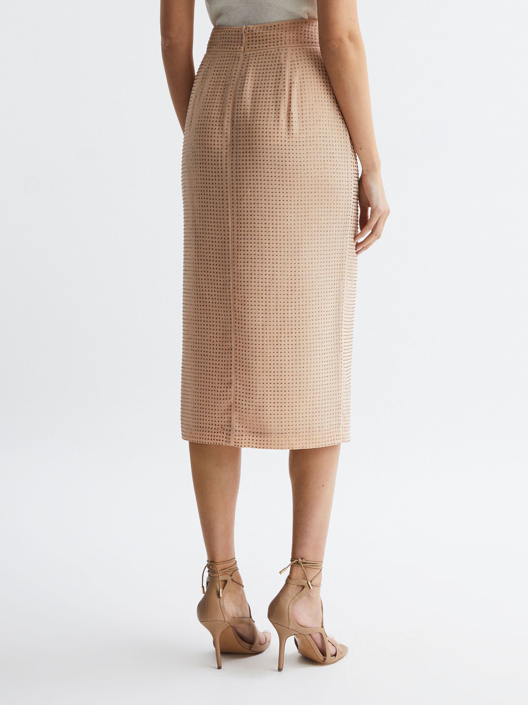 Embellished High Rise Midi Skirt in Nude - Image 5 of 7