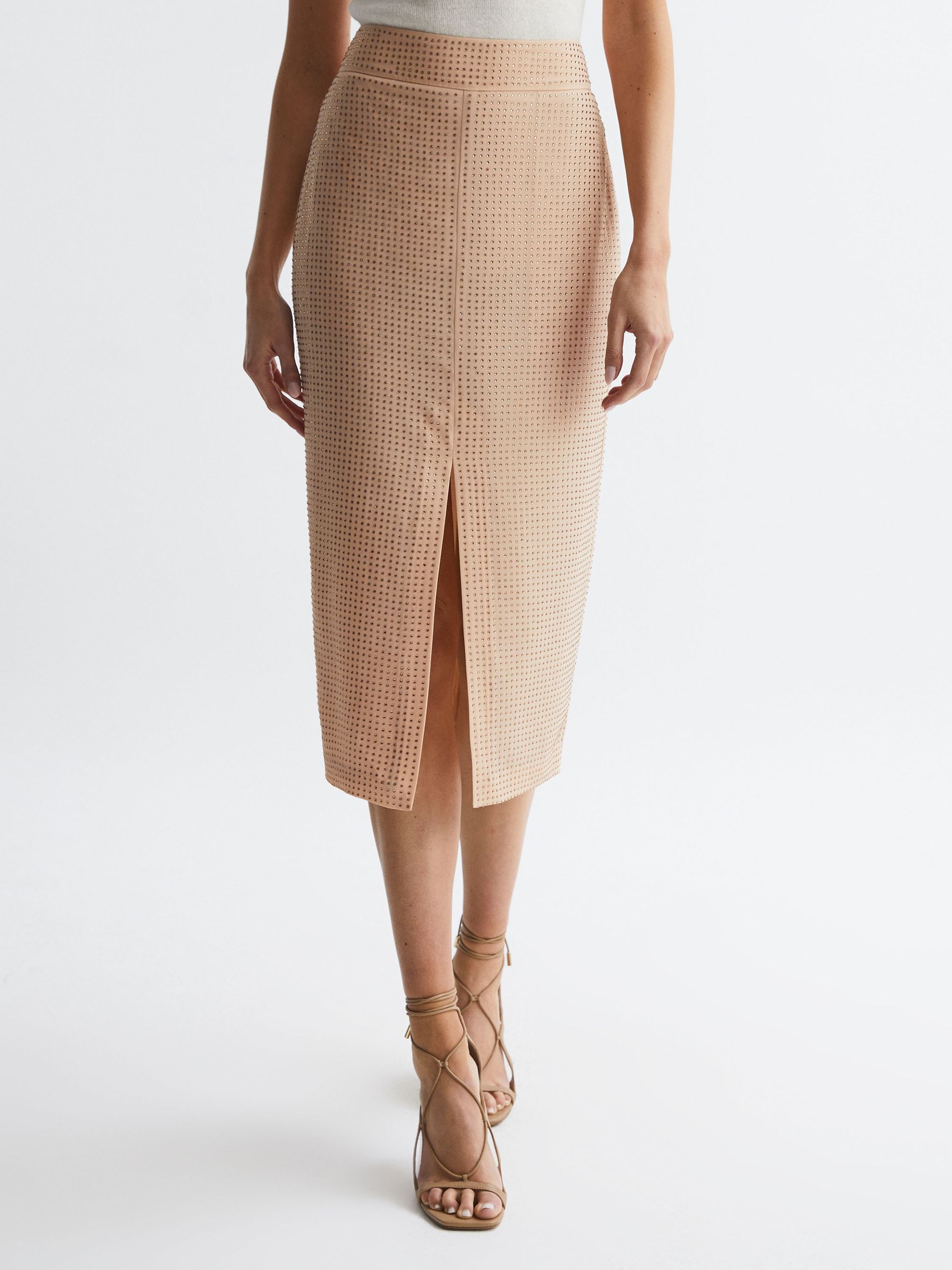 Embellished High Rise Midi Skirt in Nude - Image 6 of 7