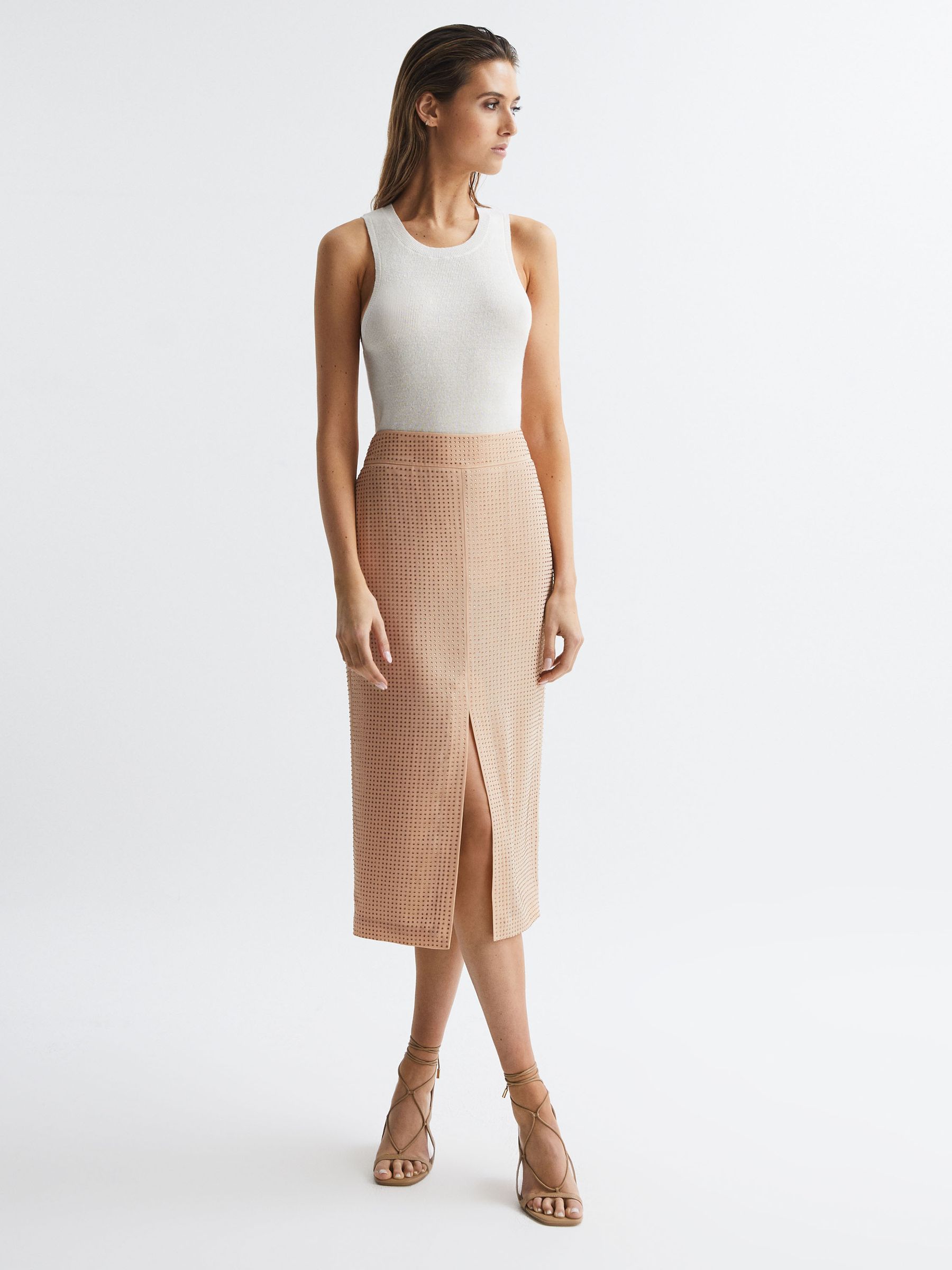 Embellished High Rise Midi Skirt in Nude - Image 7 of 7