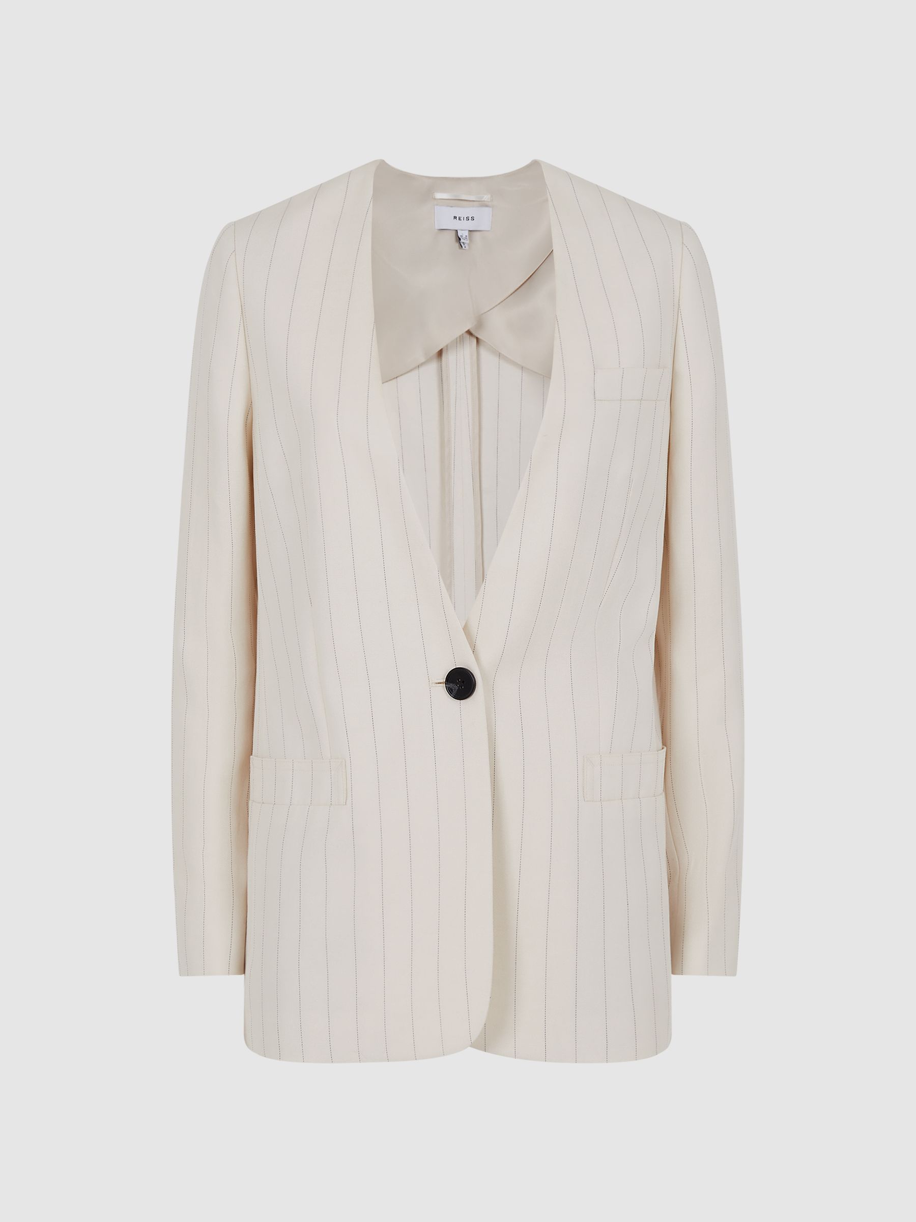 Collarless Pinstripe Blazer in White - Image 2 of 8
