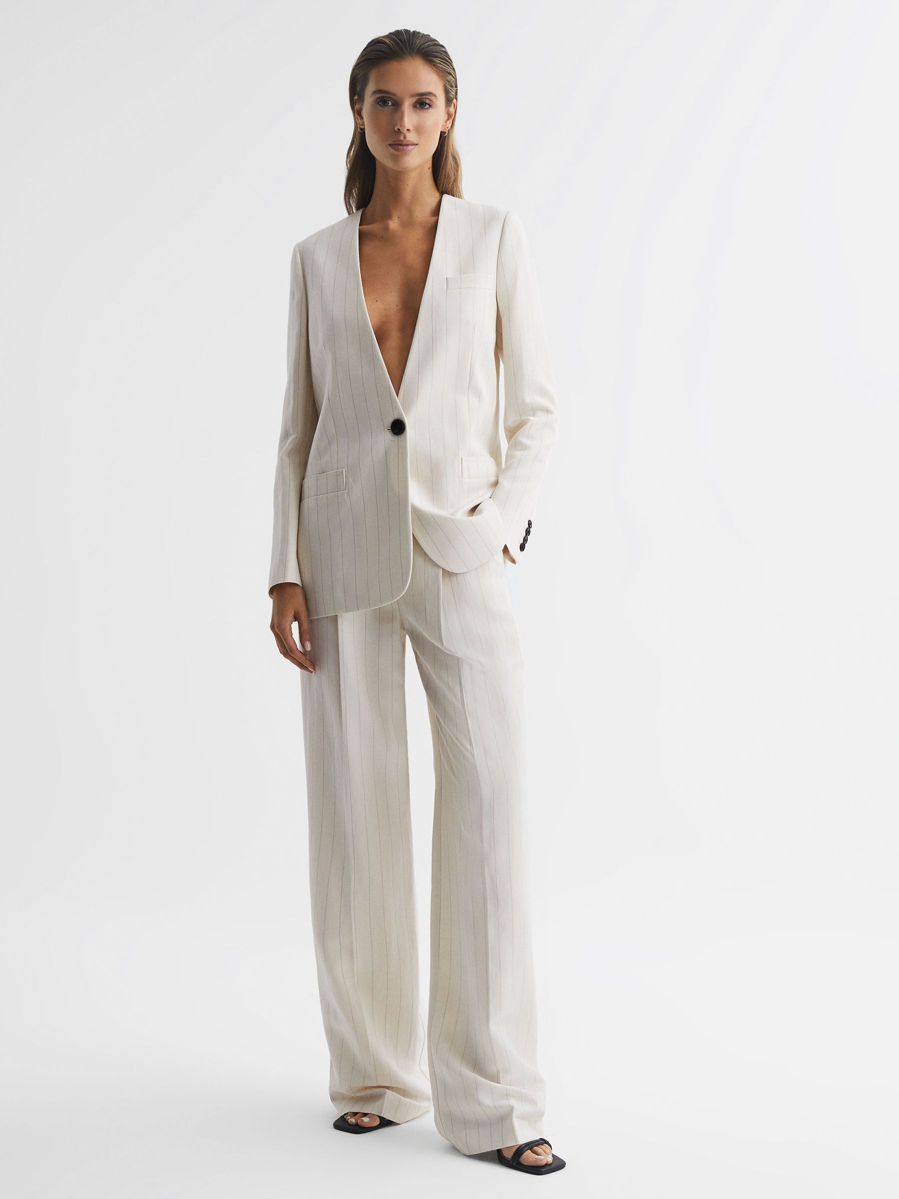 Collarless Pinstripe Blazer in White - Image 3 of 8