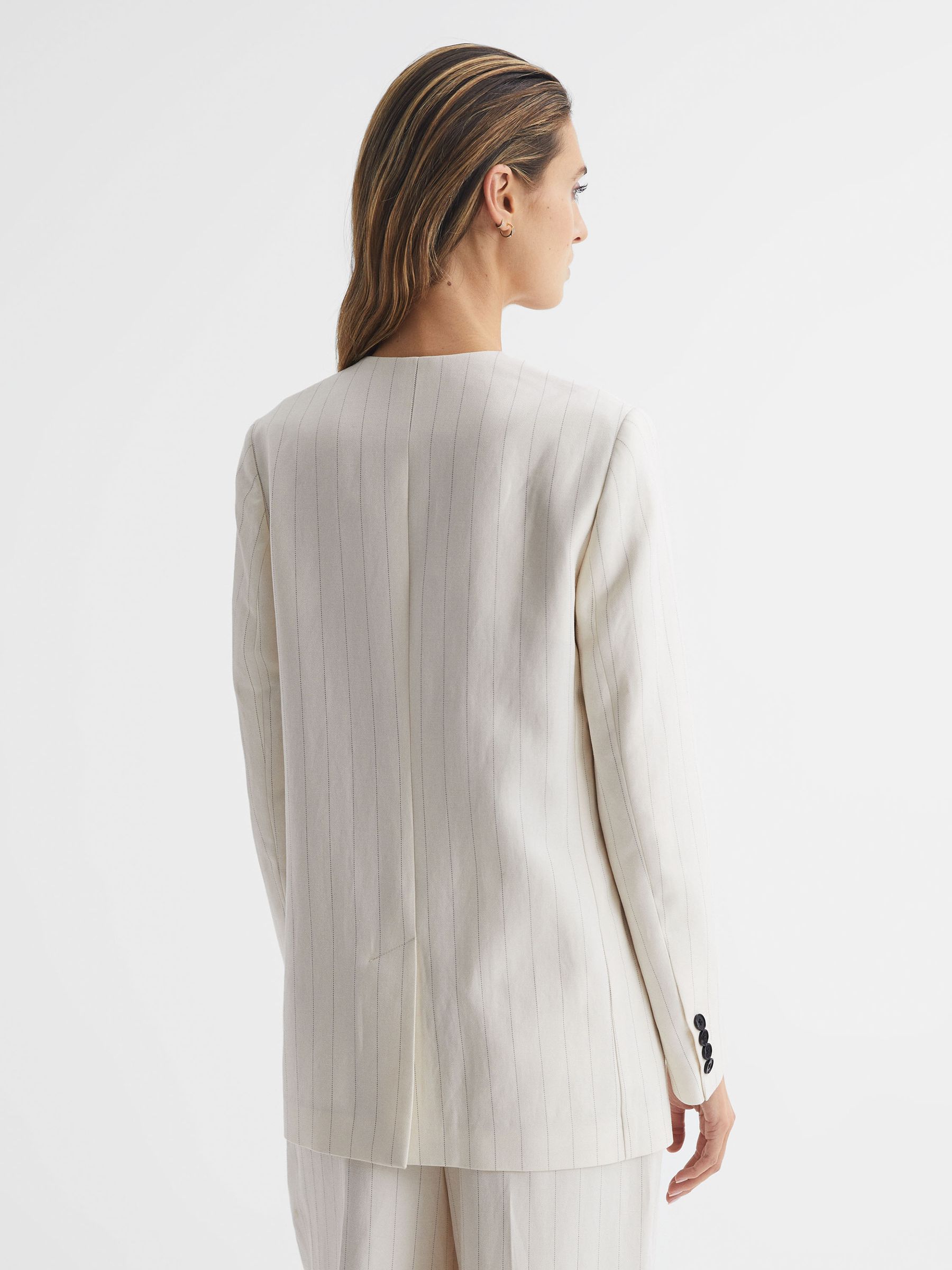 Collarless Pinstripe Blazer in White - Image 5 of 8