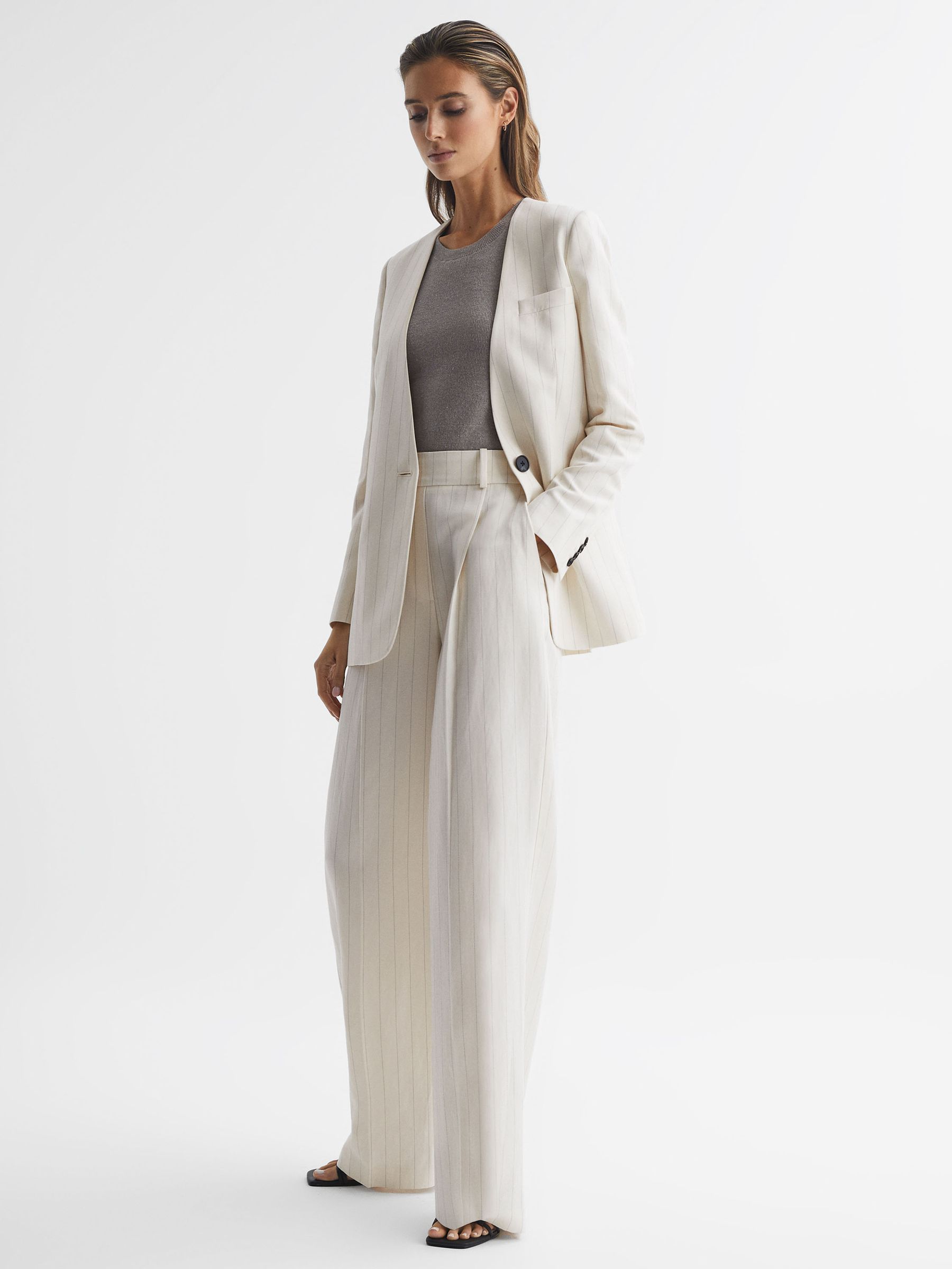 Collarless Pinstripe Blazer in White - Image 8 of 8
