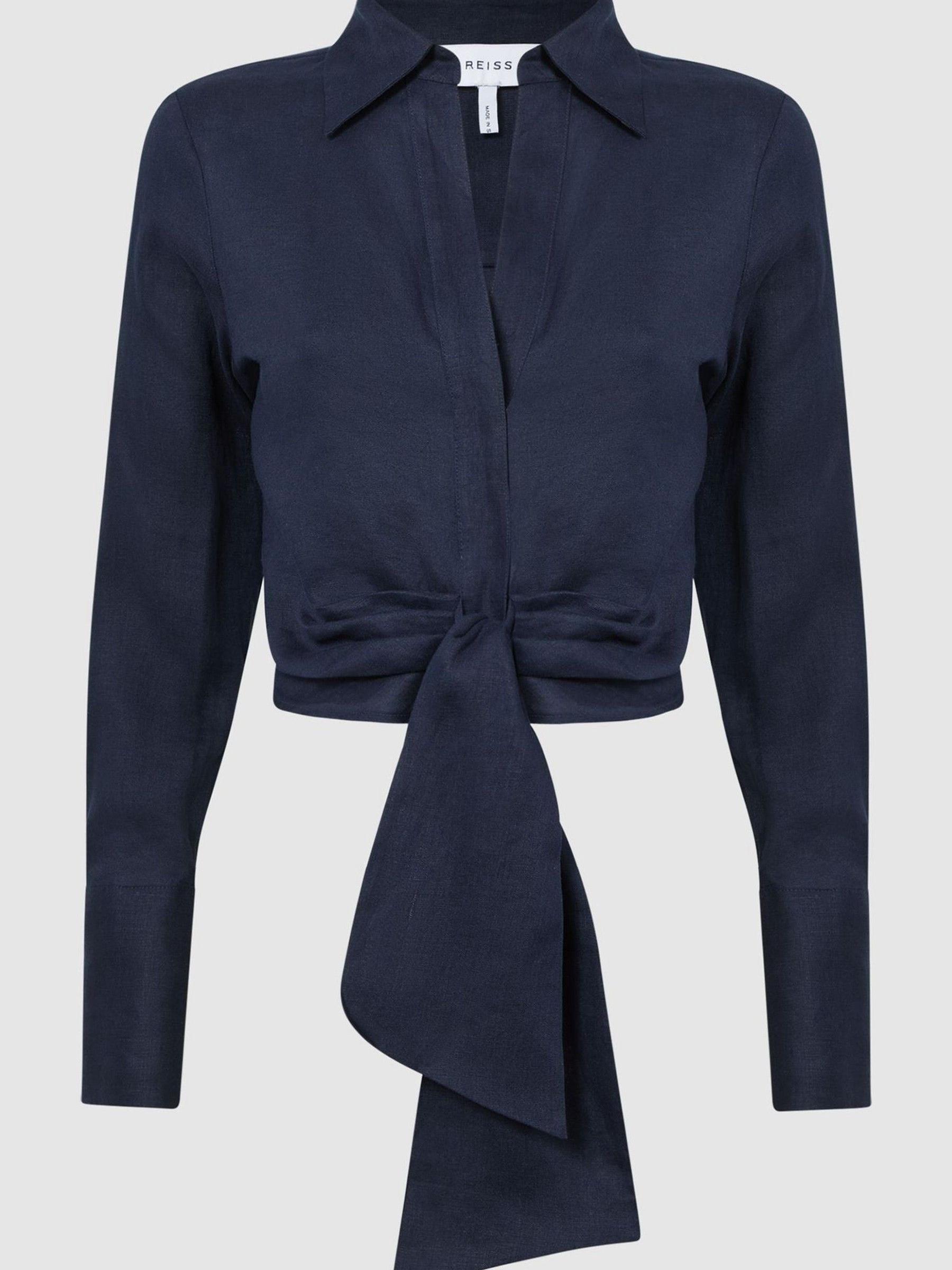 Linen Cropped Tie Front Blouse in Navy - Image 2 of 6