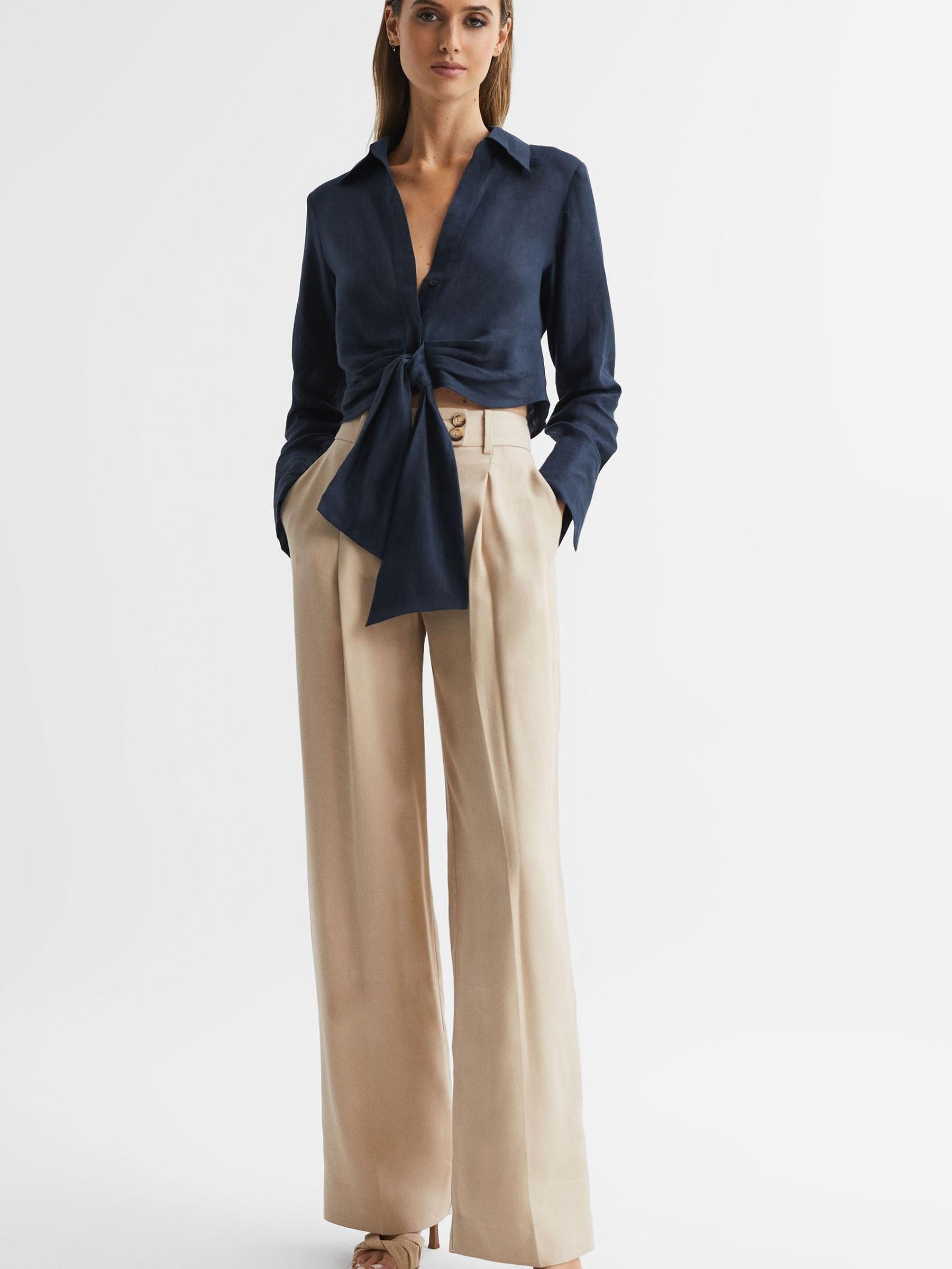 Linen Cropped Tie Front Blouse in Navy - Image 3 of 6