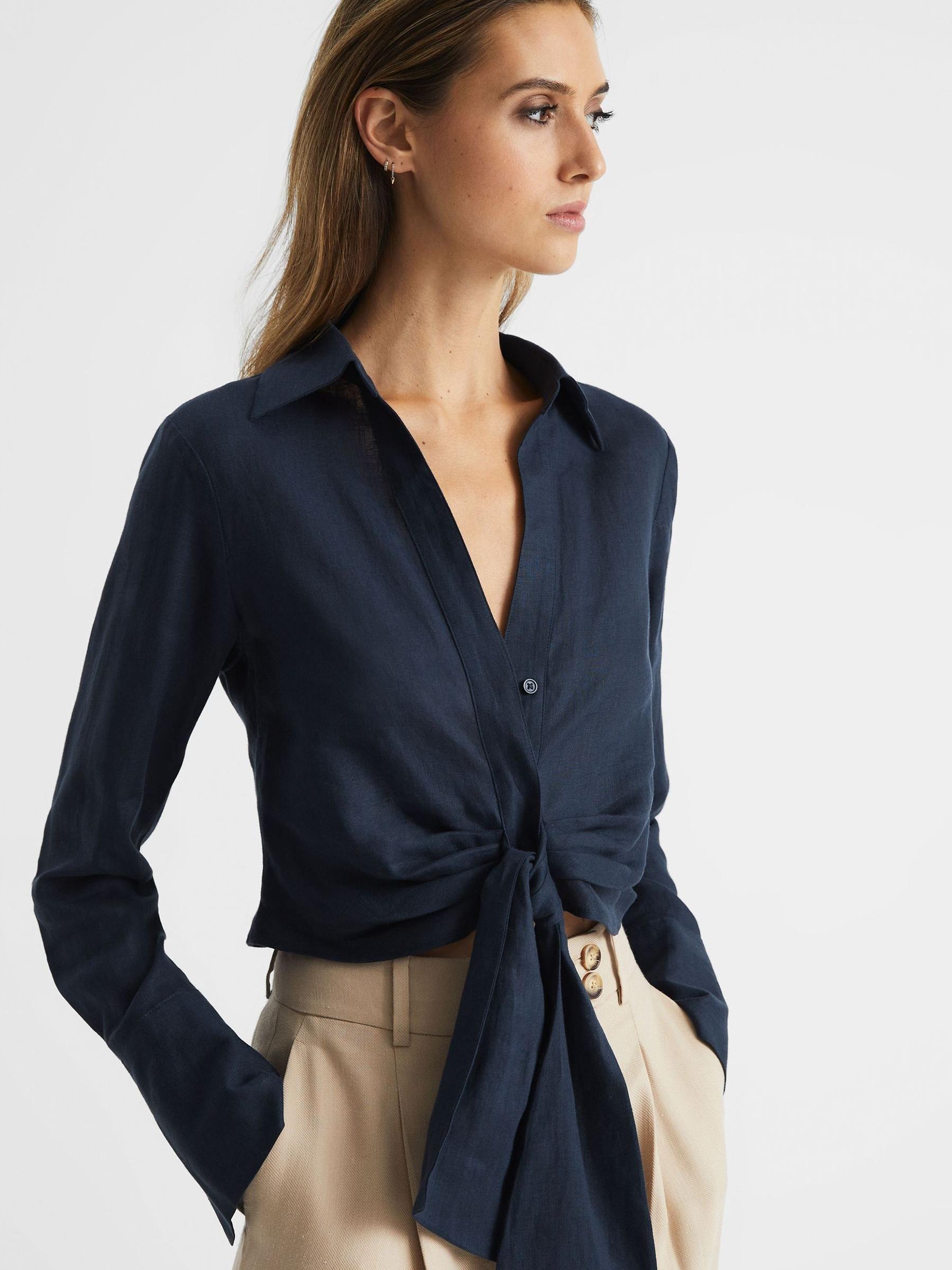 Linen Cropped Tie Front Blouse in Navy - Image 4 of 6