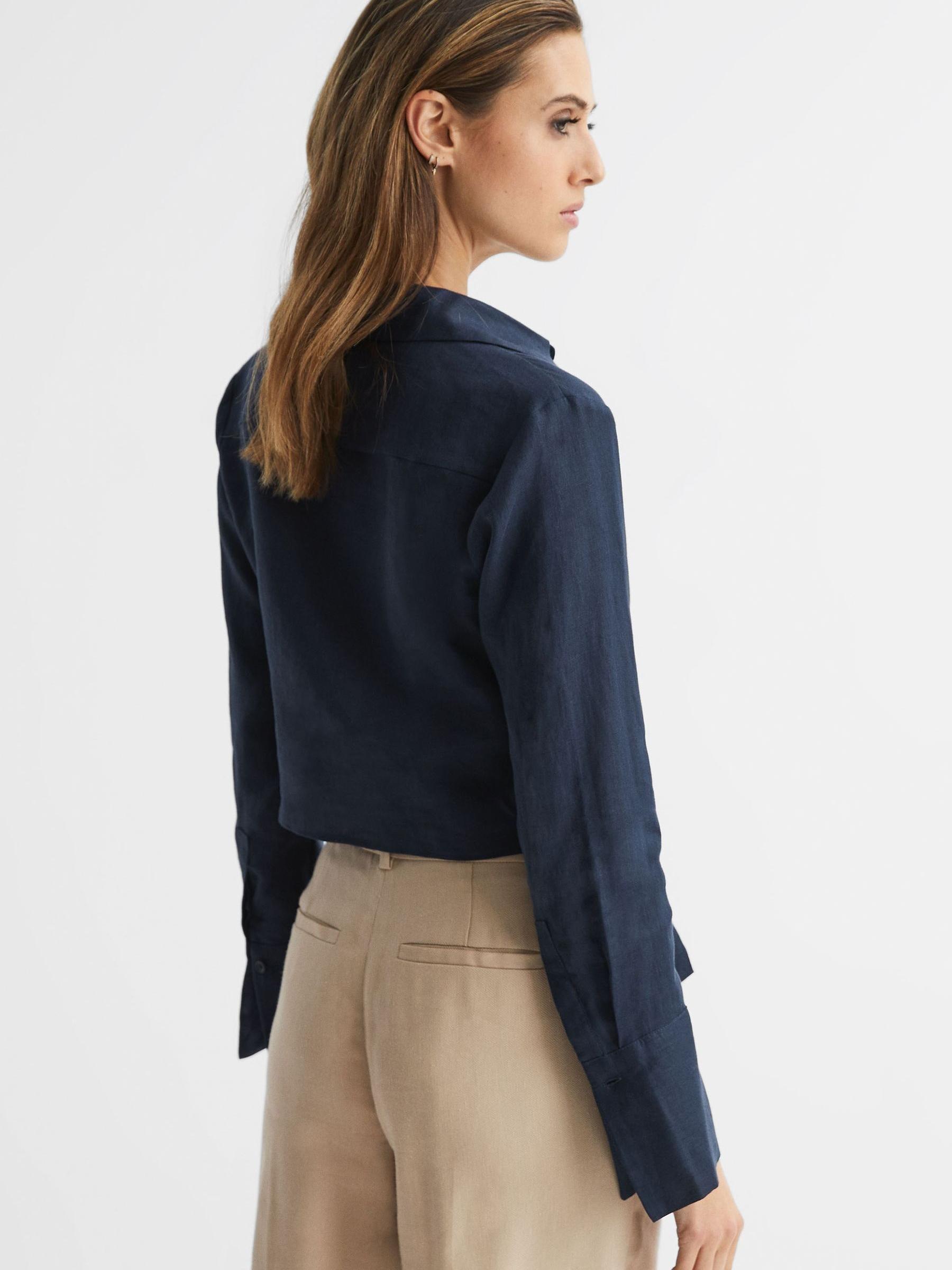 Linen Cropped Tie Front Blouse in Navy - Image 5 of 6