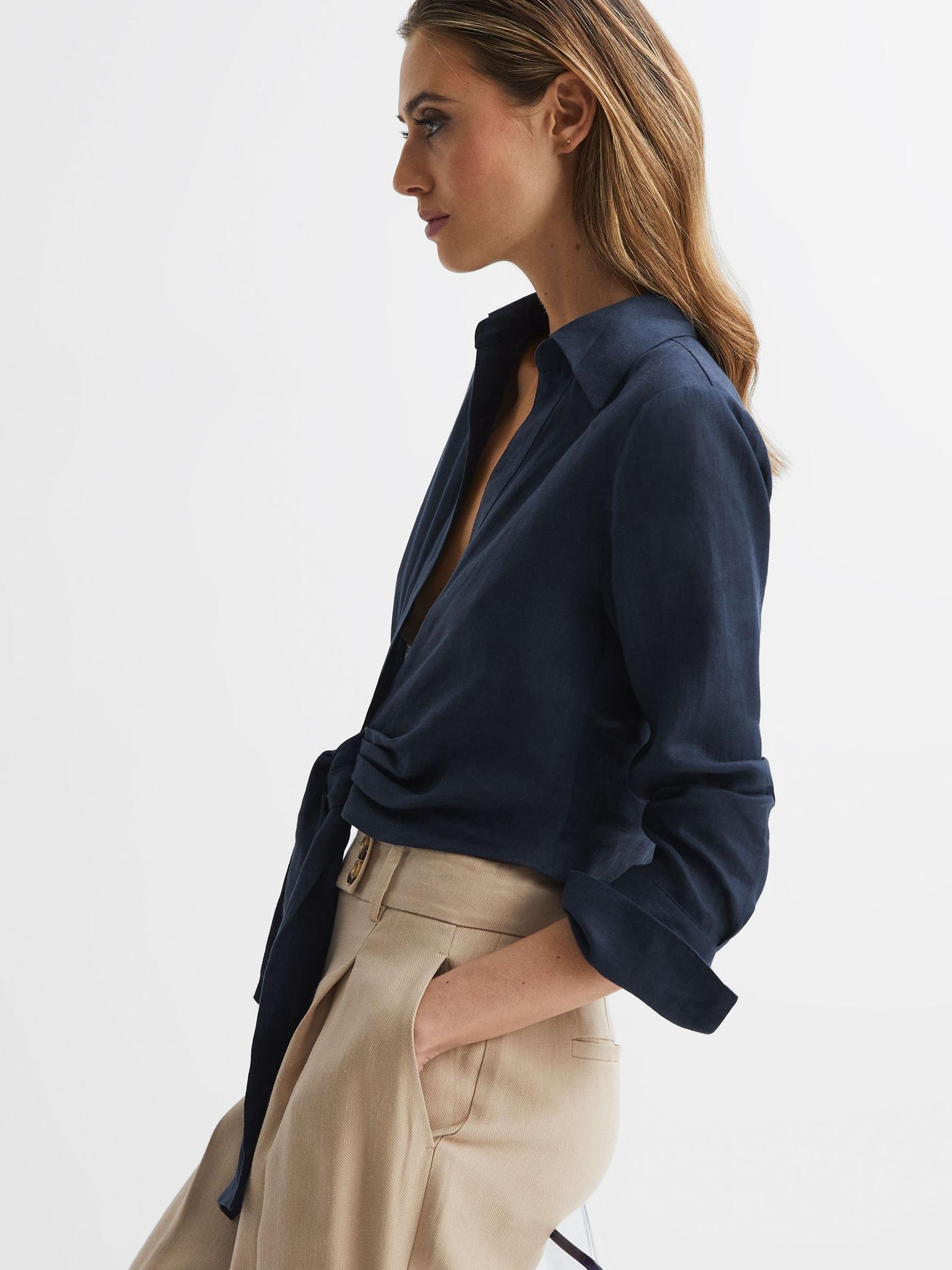 Linen Cropped Tie Front Blouse in Navy - Image 6 of 6