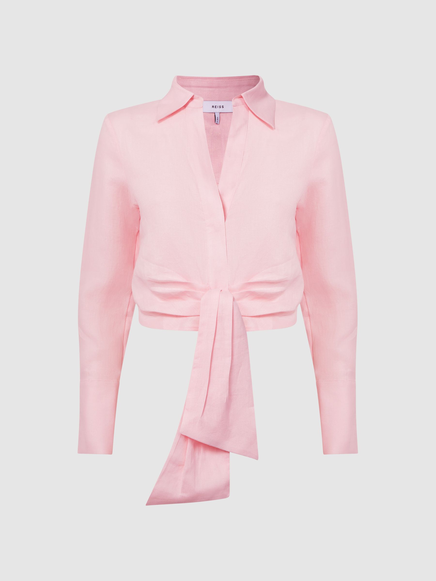 Linen Cropped Tie Front Blouse in Pink - Image 2 of 5