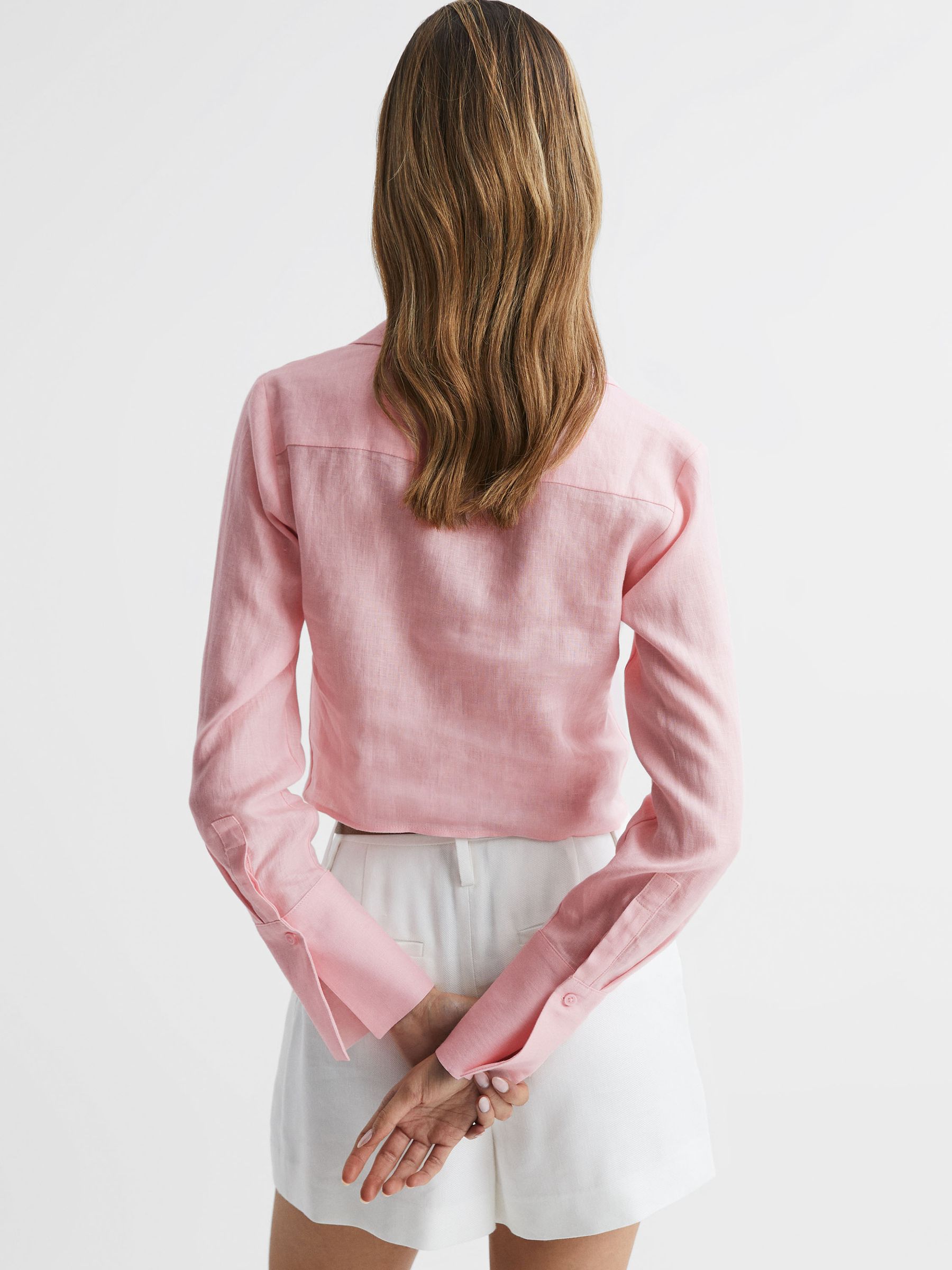 Linen Cropped Tie Front Blouse in Pink - Image 5 of 5