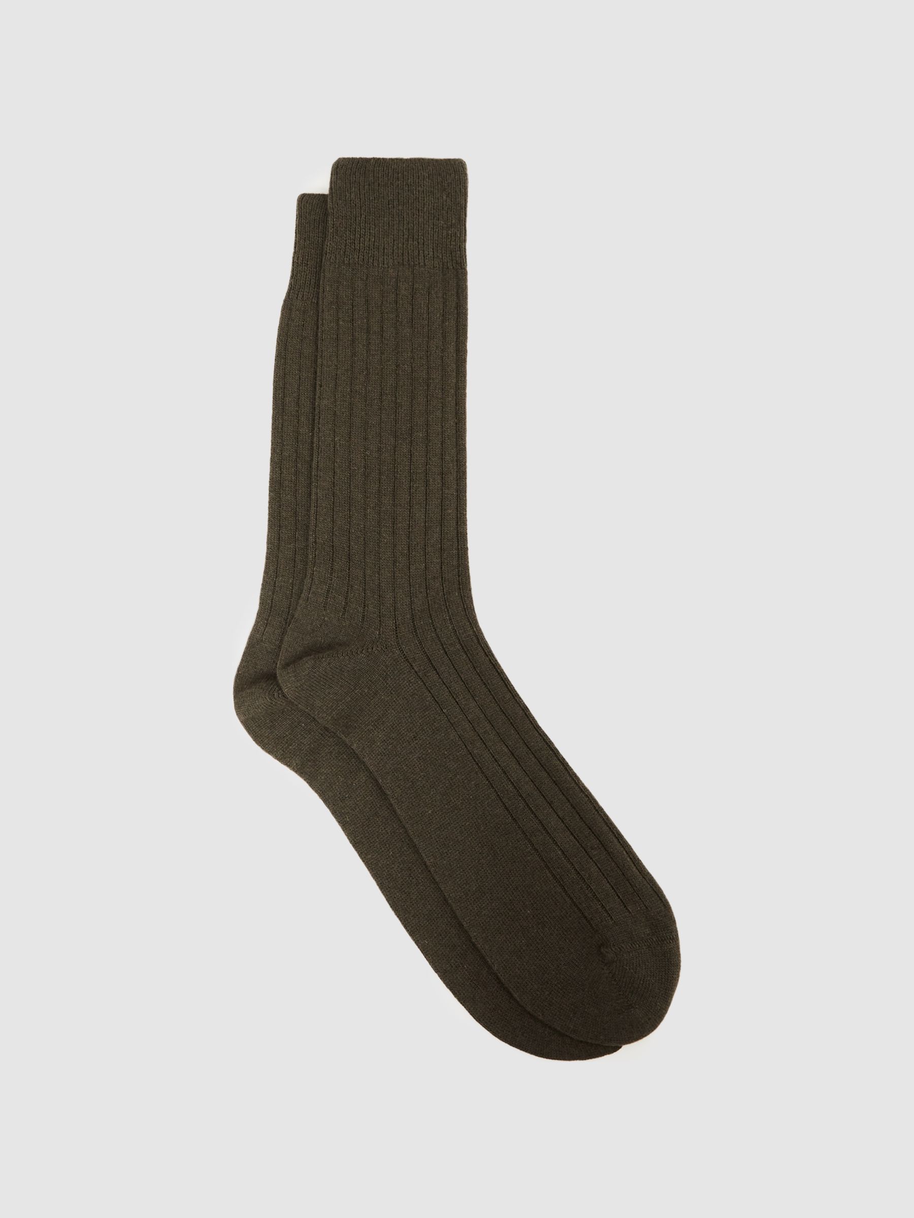 Wool-Cashmere Blend Ribbed Socks in Khaki - Image 1 of 3