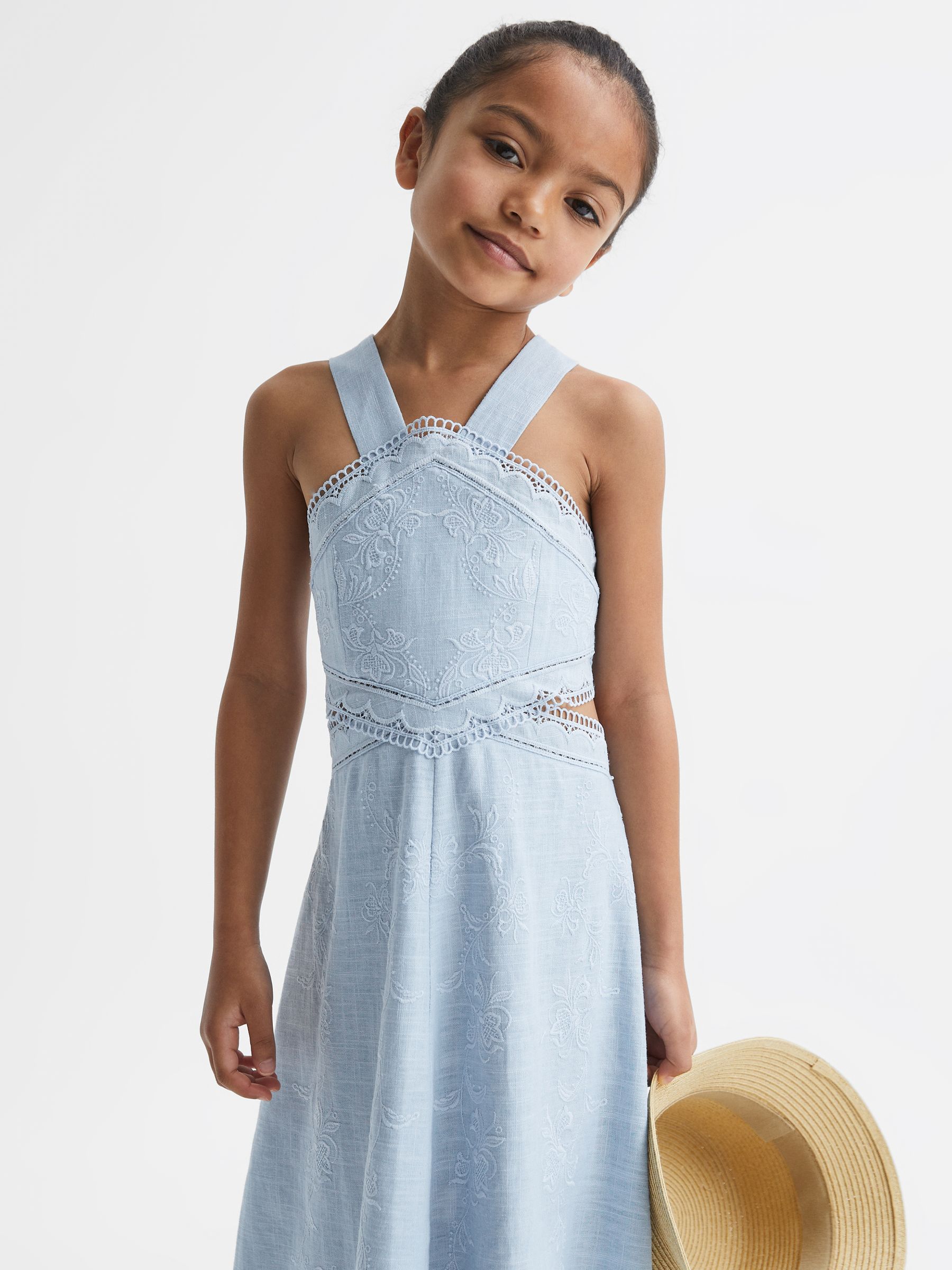 Junior Cross Back Embroidered Dress in Blue - Image 1 of 6