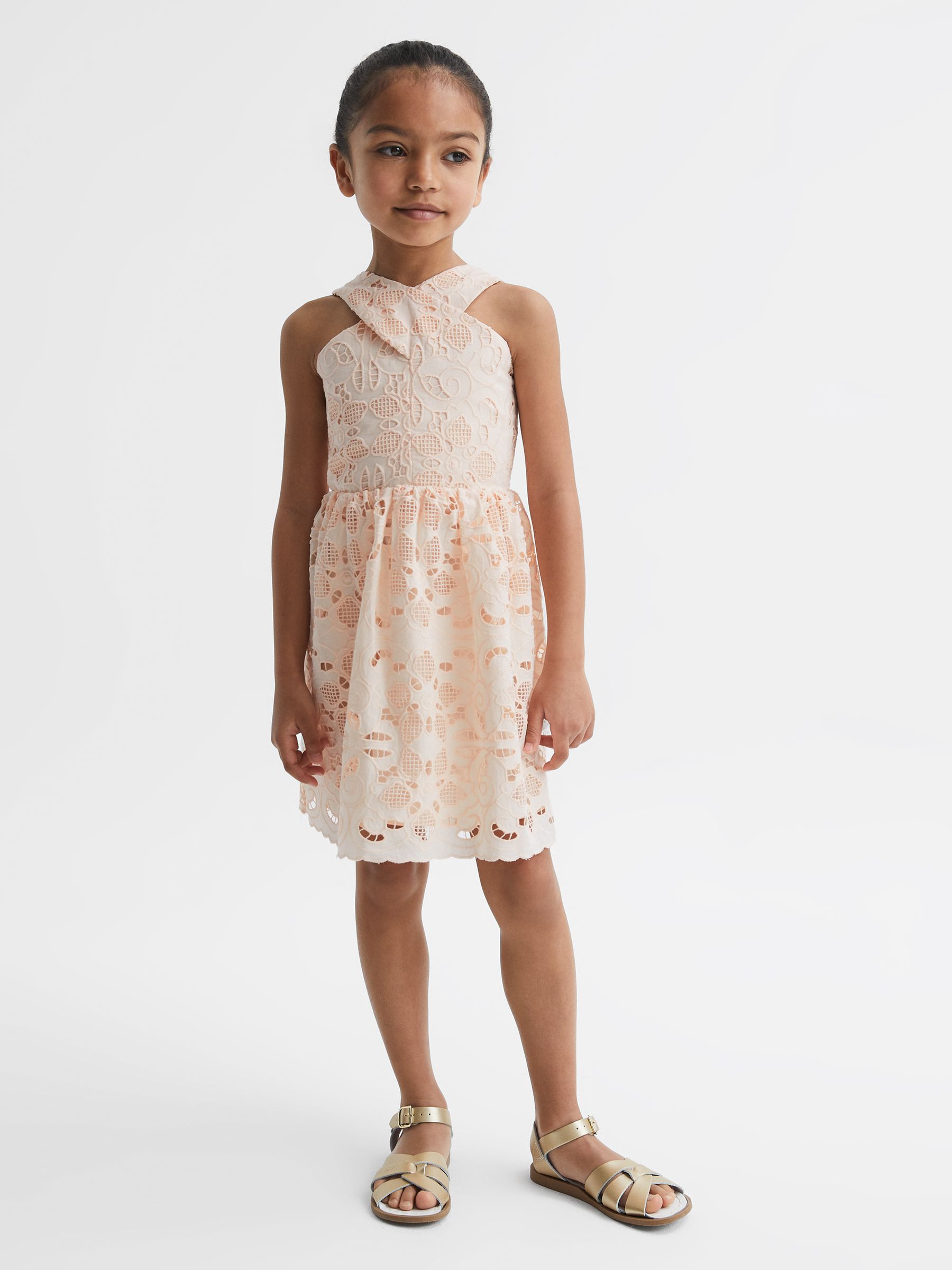 9-12 yrs Cross Back Lace Dress in Pink - Image 1 of 6