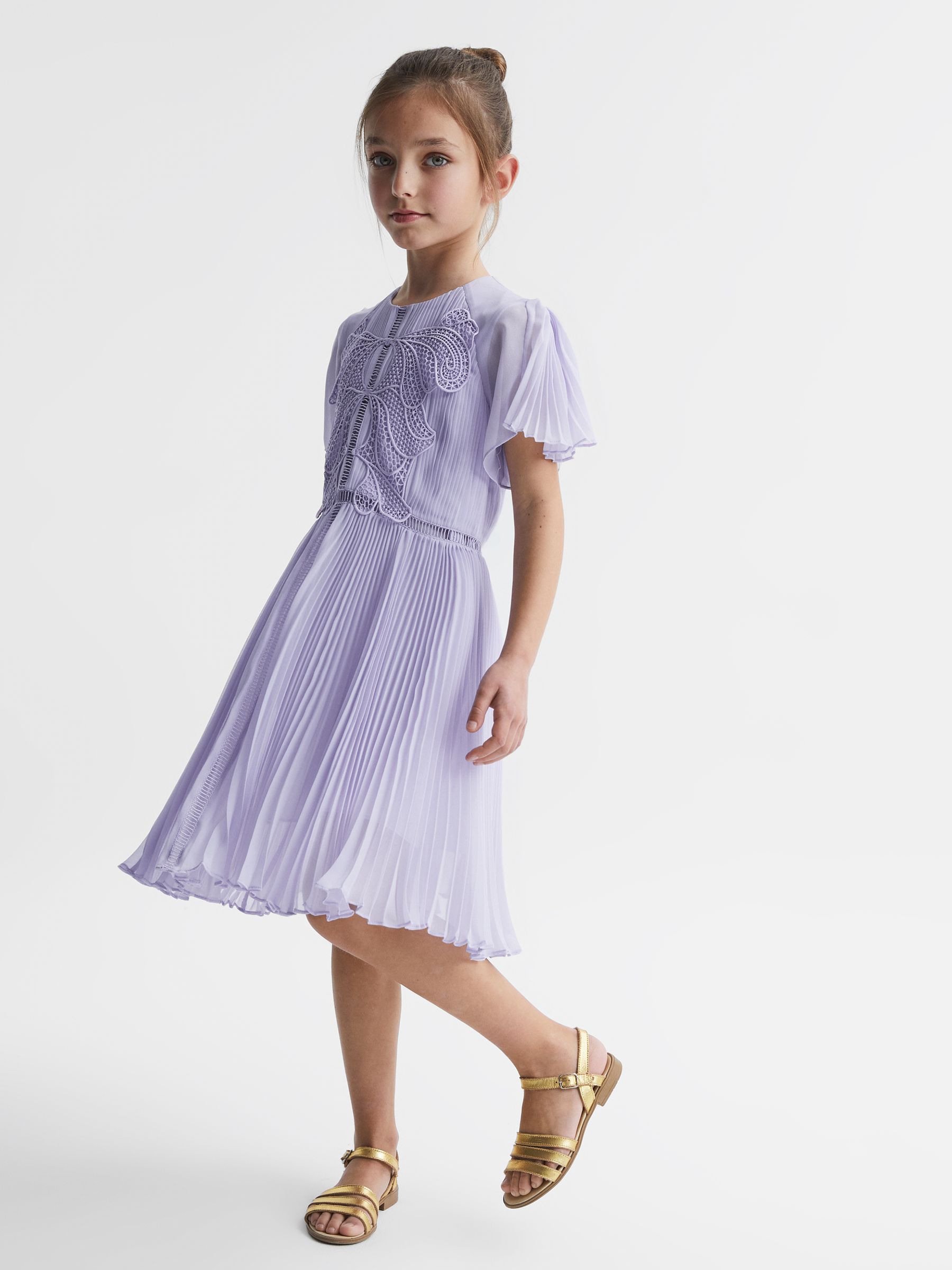 Lace Embroidered Pleated Dress in Lilac - Image 3 of 6