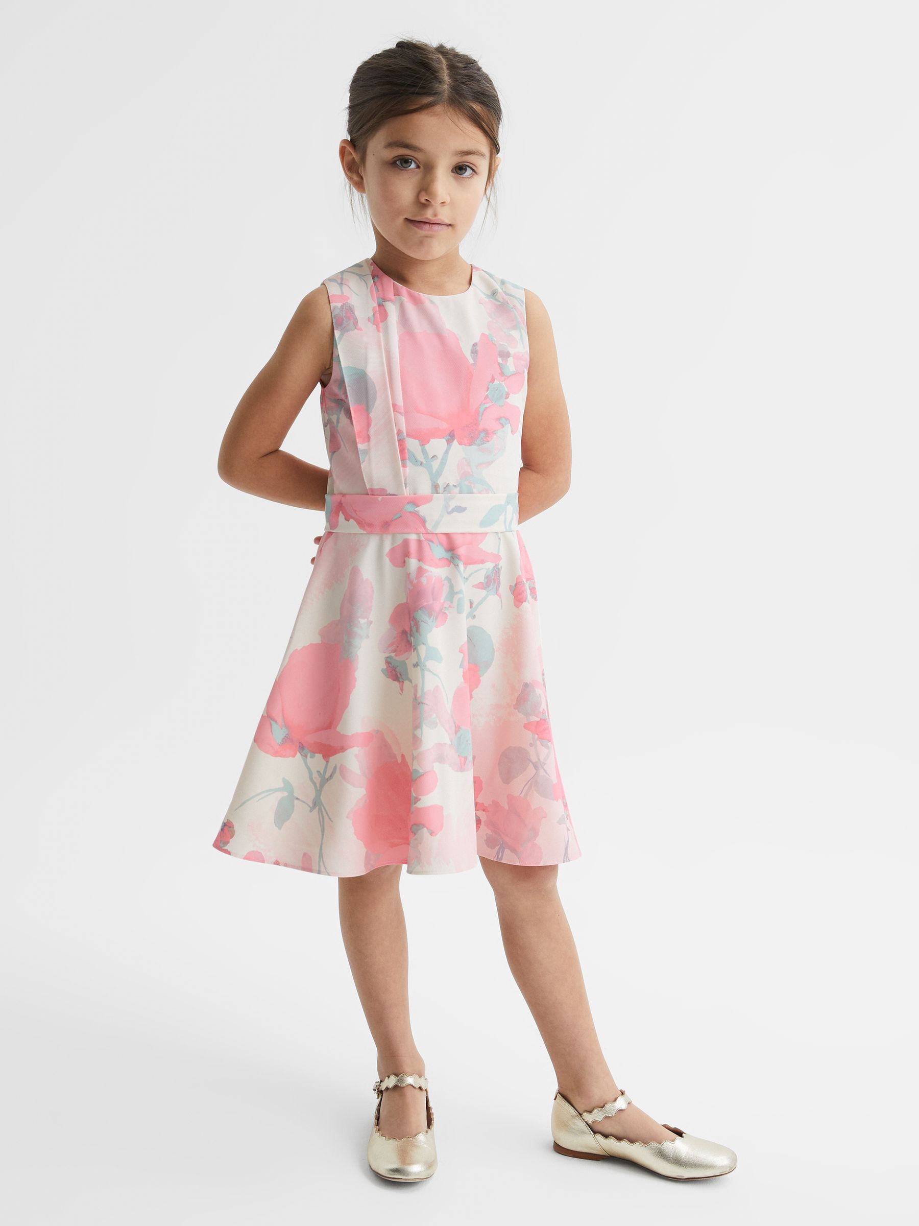 4-9 yrs Floral Printed Belted Dress in Pink - Image 1 of 6