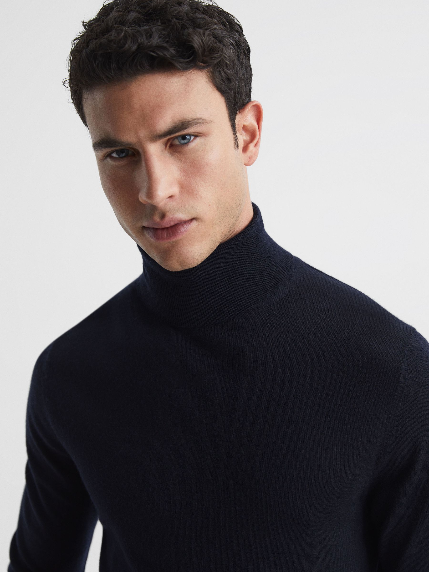 Slim Fit Merino Wool Roll Neck Jumper in Navy - Image 4 of 6