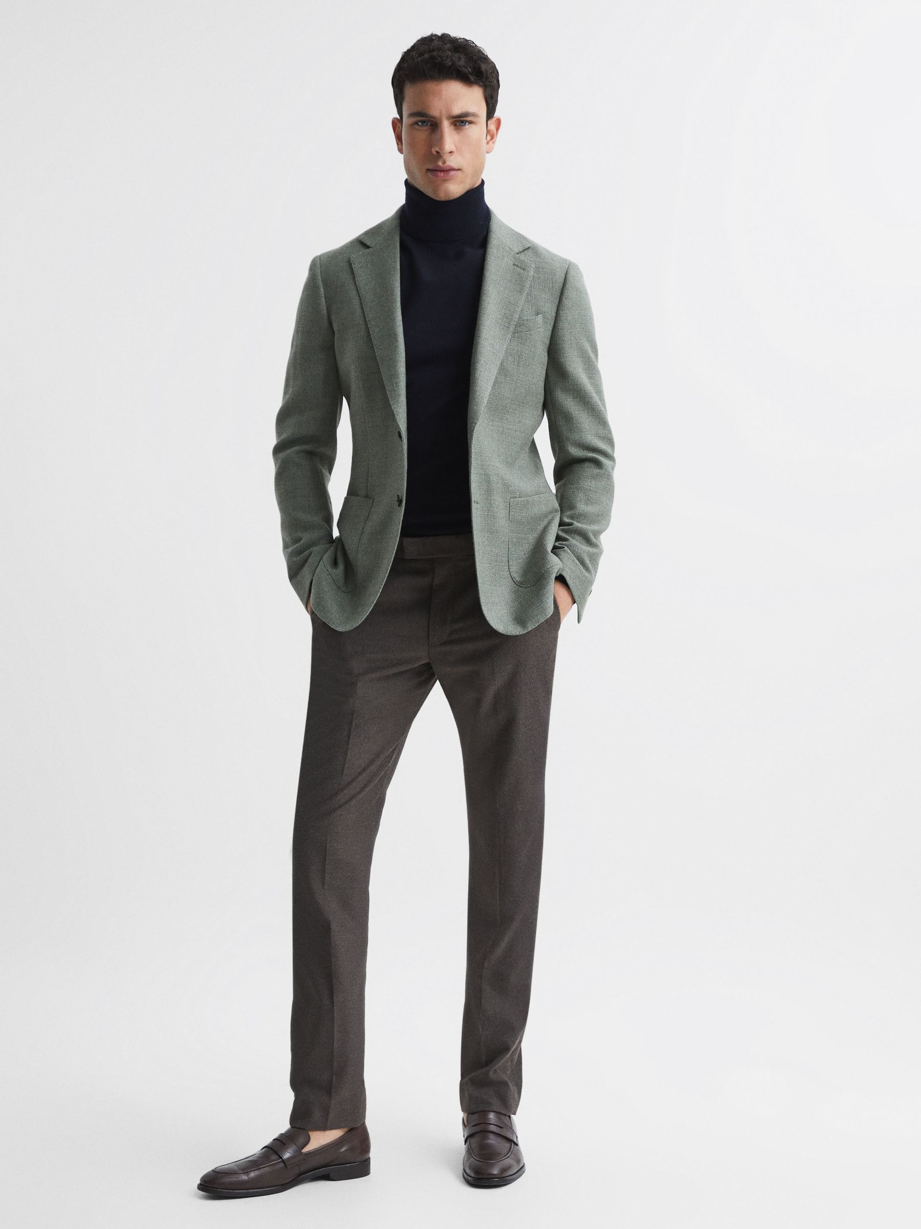 Slim Fit Merino Wool Roll Neck Jumper in Navy - Image 6 of 6