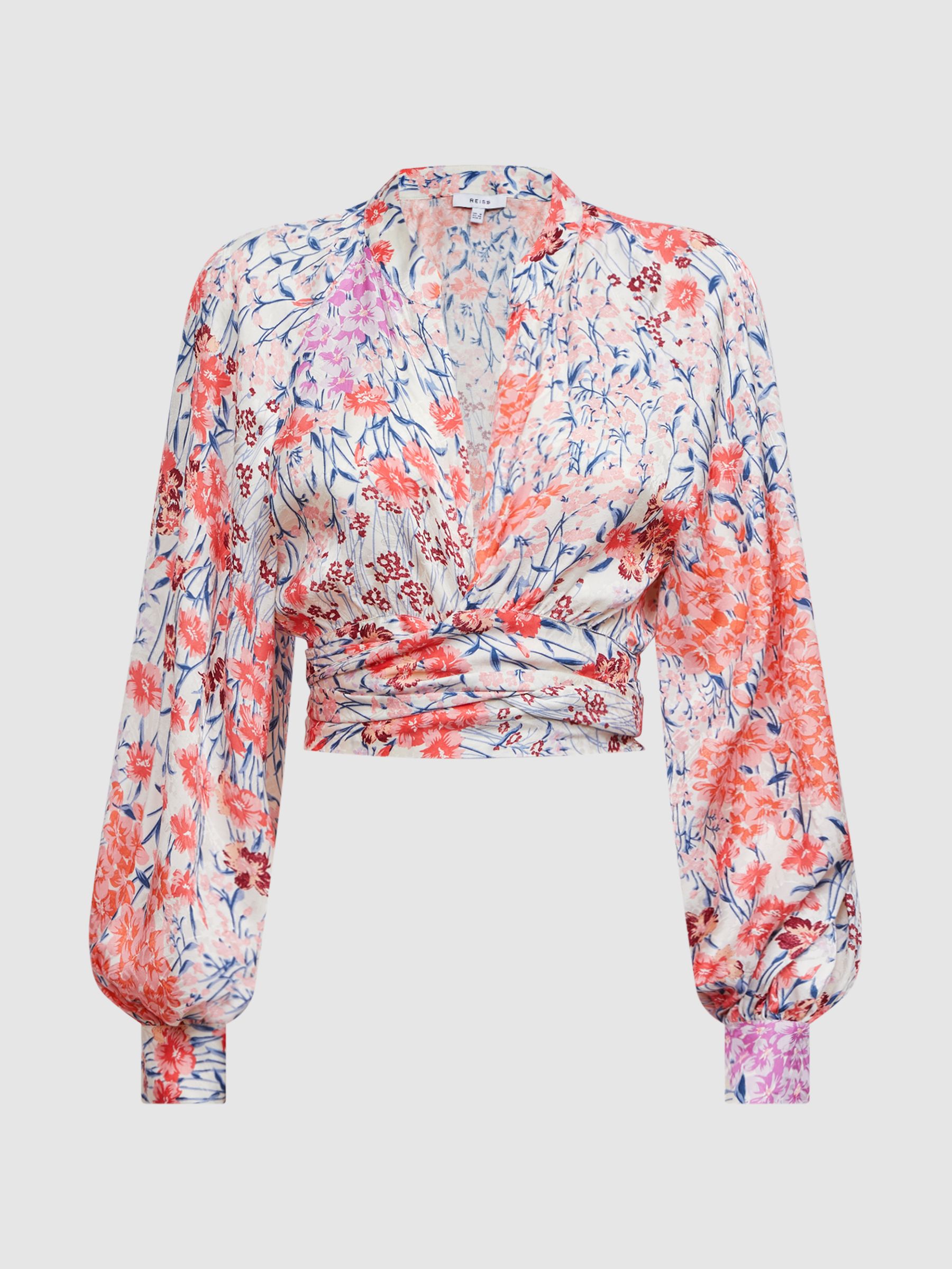 Floral Print Tie Front Cropped Blouse in Coral/White - Image 2 of 5