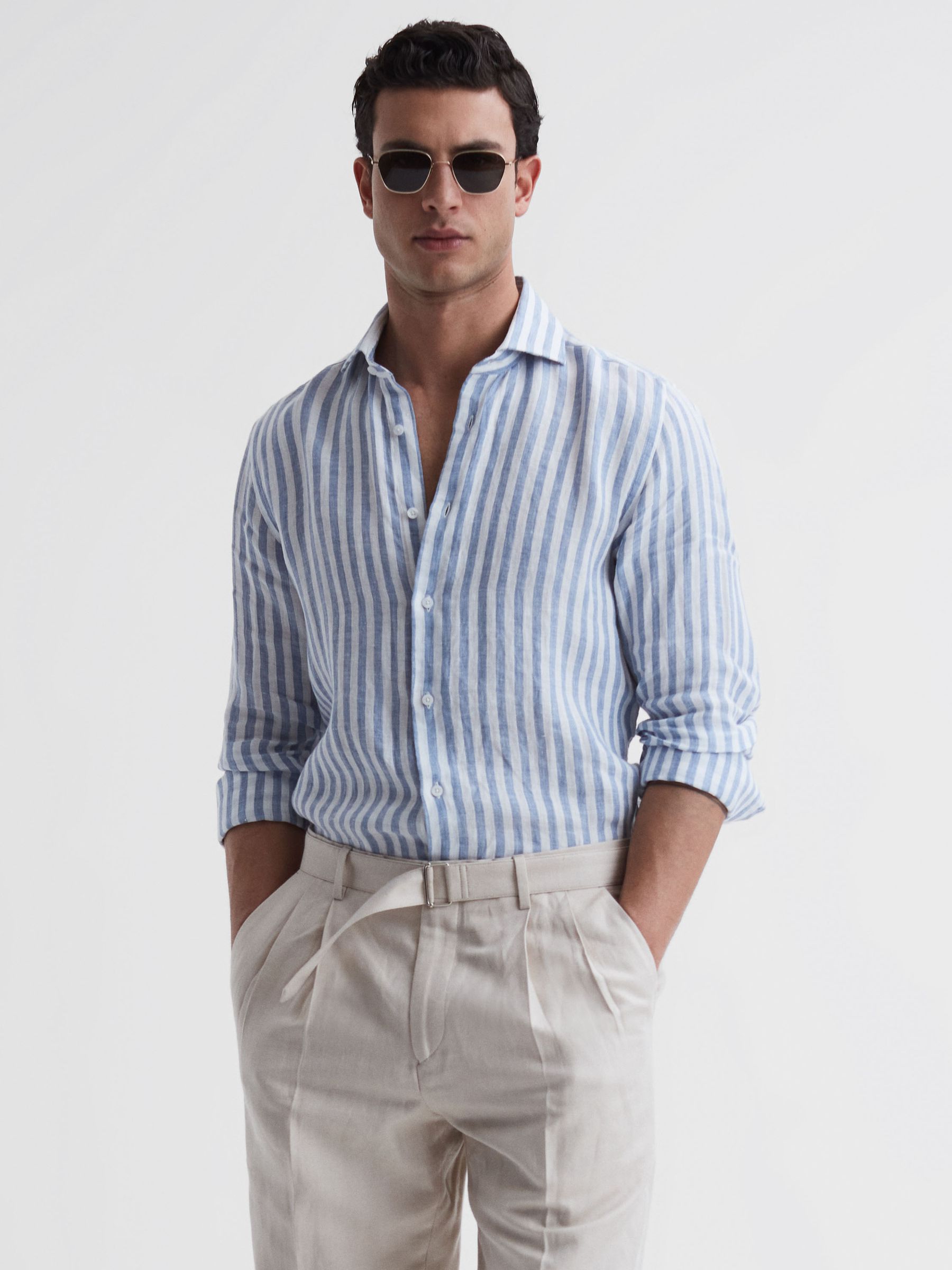 Linen Long Sleeve Shirt in Soft Blue Herringbone Stripe - Image 1 of 4