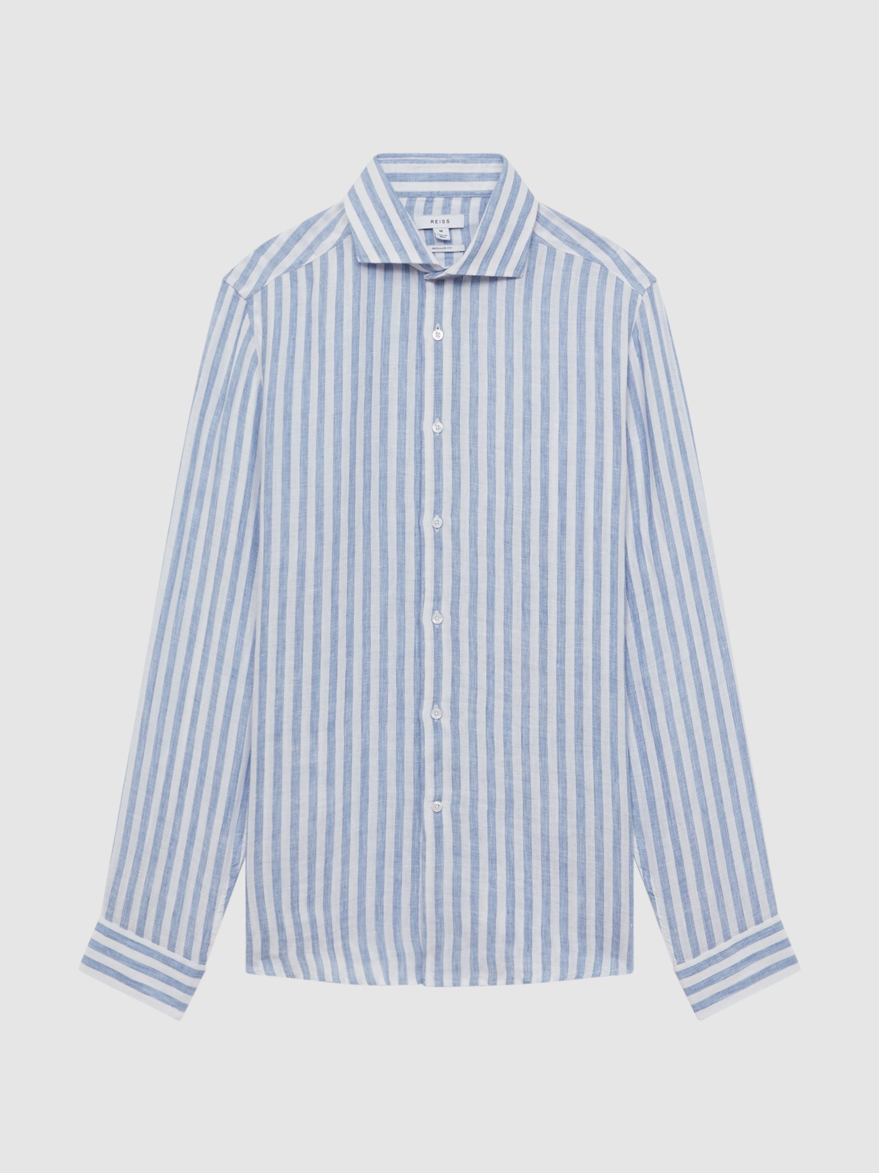 Linen Long Sleeve Shirt in Soft Blue Herringbone Stripe - Image 2 of 4