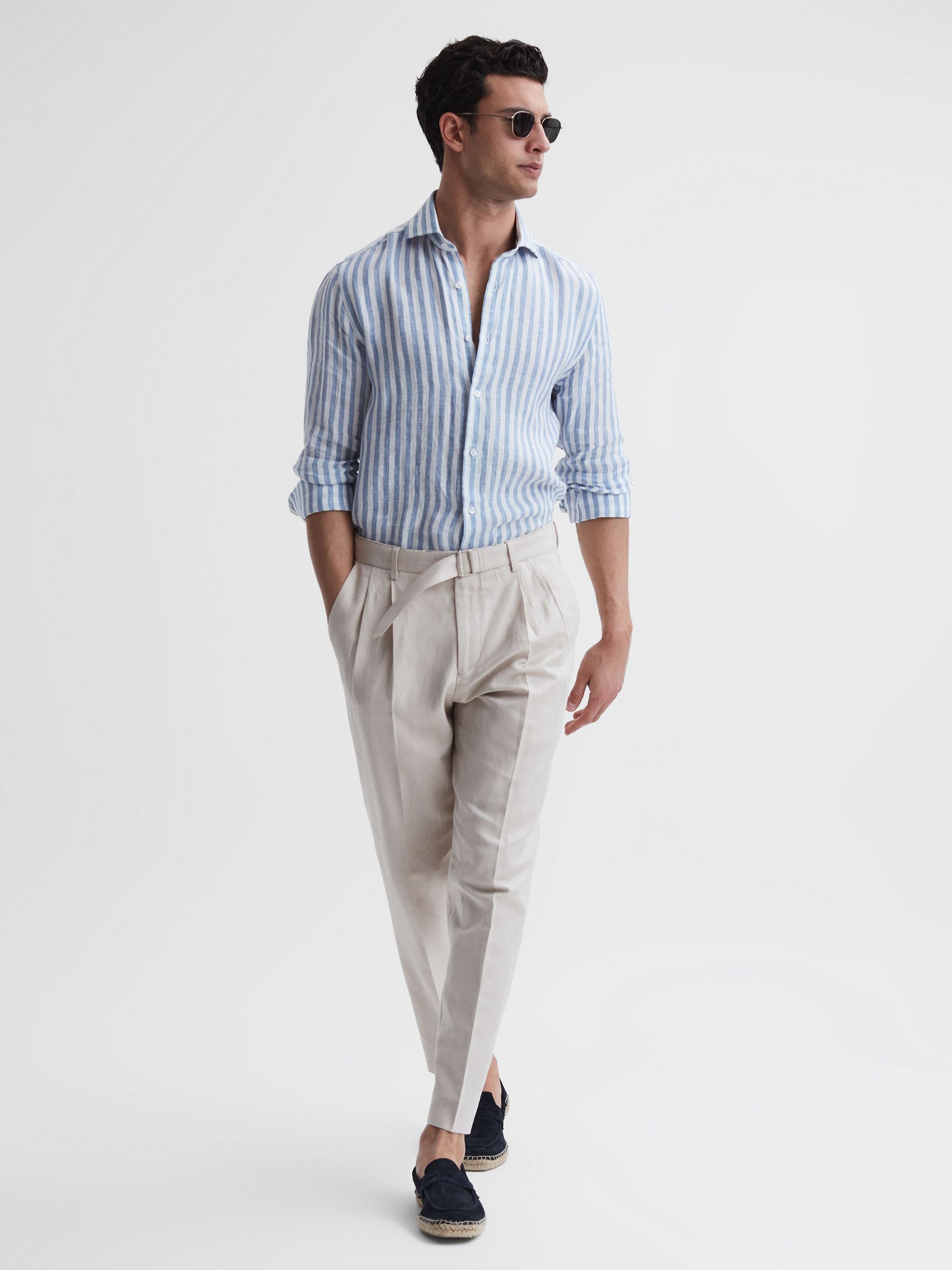 Linen Long Sleeve Shirt in Soft Blue Herringbone Stripe - Image 3 of 4