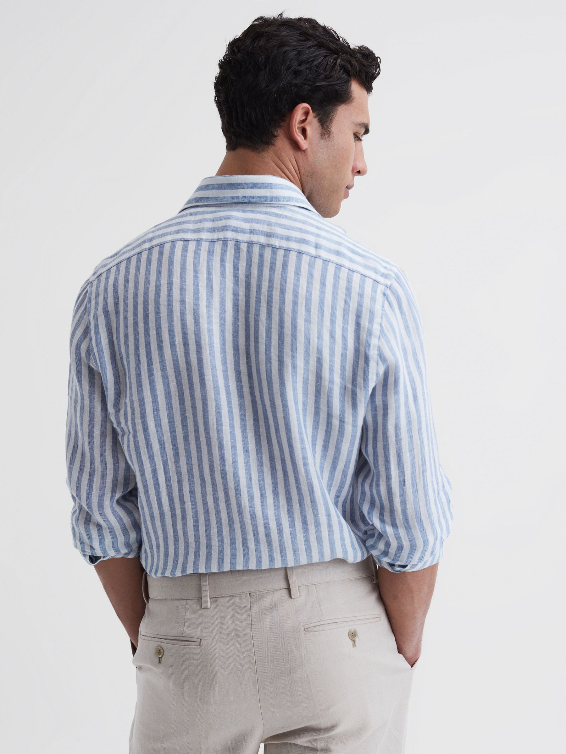 Linen Long Sleeve Shirt in Soft Blue Herringbone Stripe - Image 4 of 4