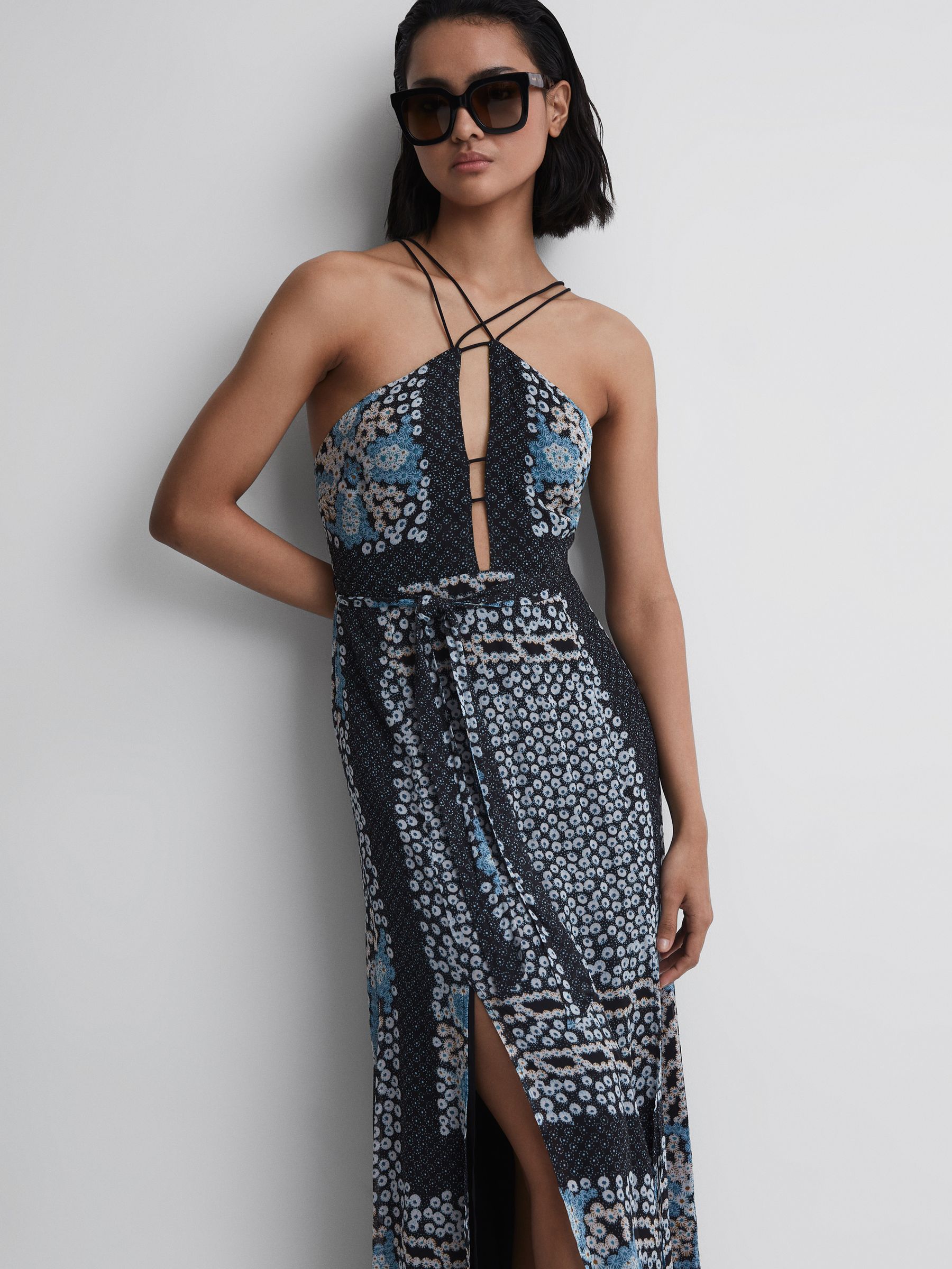 Floral Print Fitted Midi Dress in Navy/Blue - Image 1 of 6