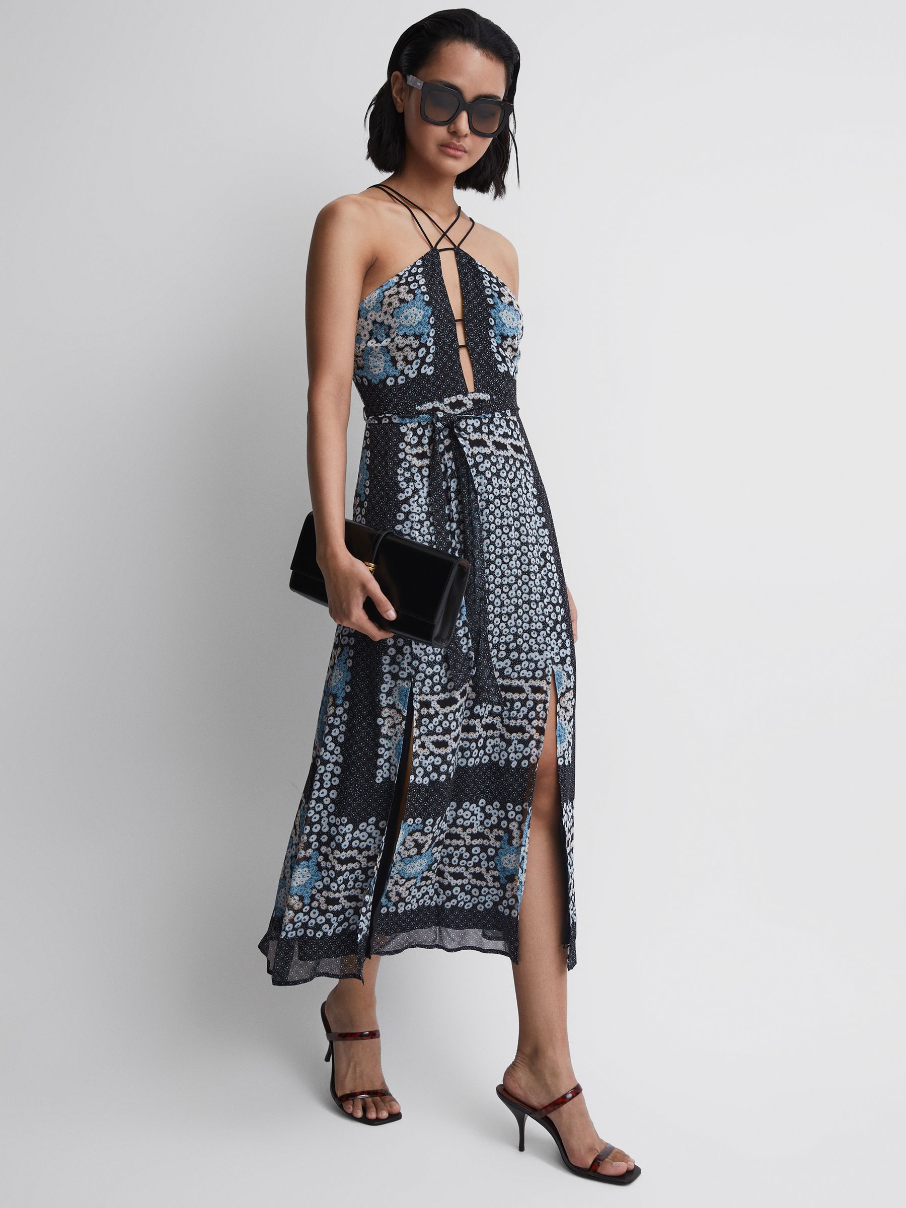 Floral Print Fitted Midi Dress in Navy/Blue - Image 3 of 6