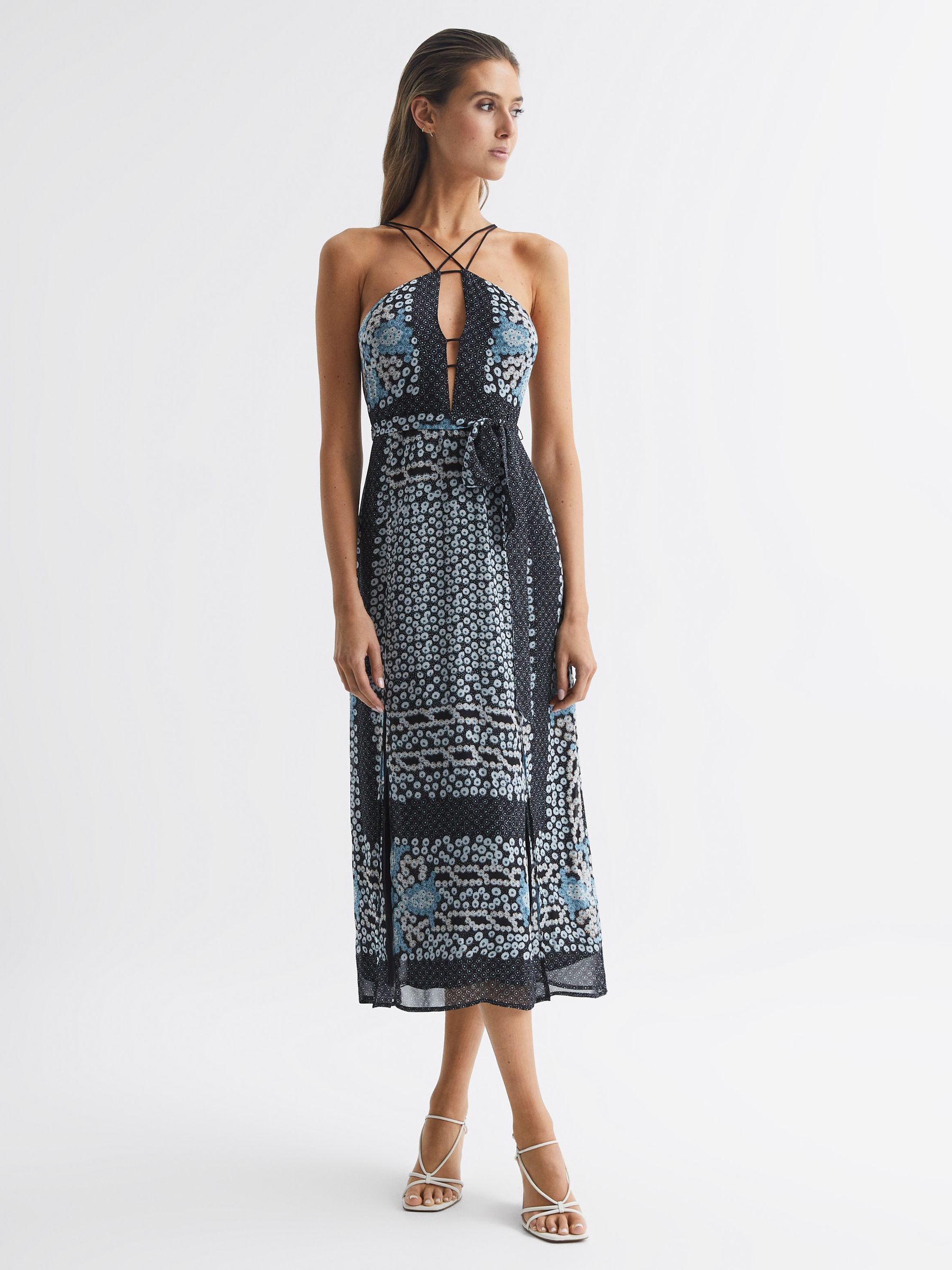Floral Print Fitted Midi Dress in Navy/Blue - Image 6 of 6