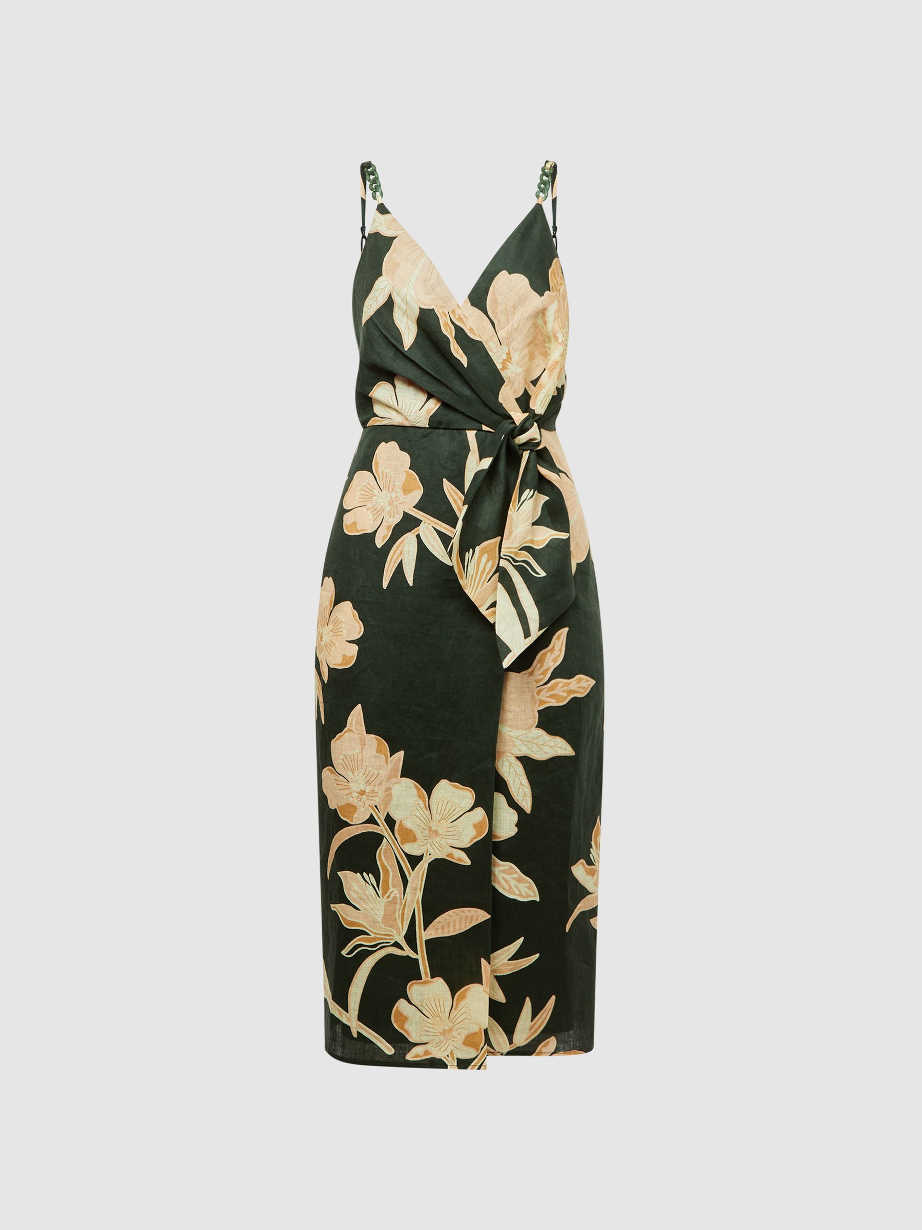 Fitted Floral Print Midi Dress in Khaki - Image 2 of 5