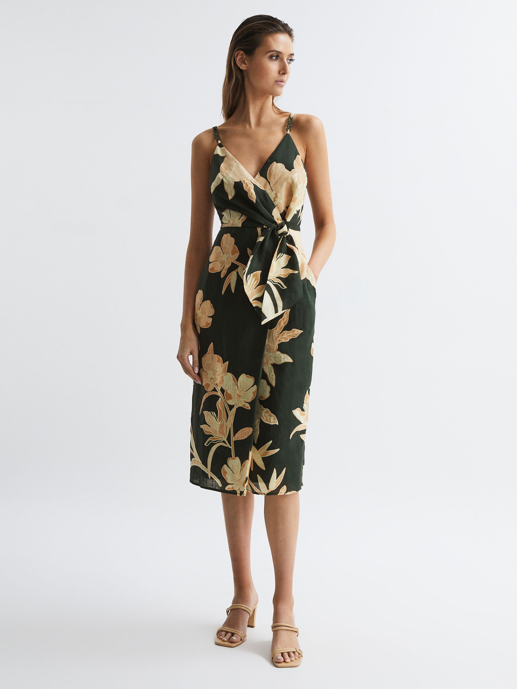 Reiss Fitted Floral Print Midi Dress in Khaki - REISS