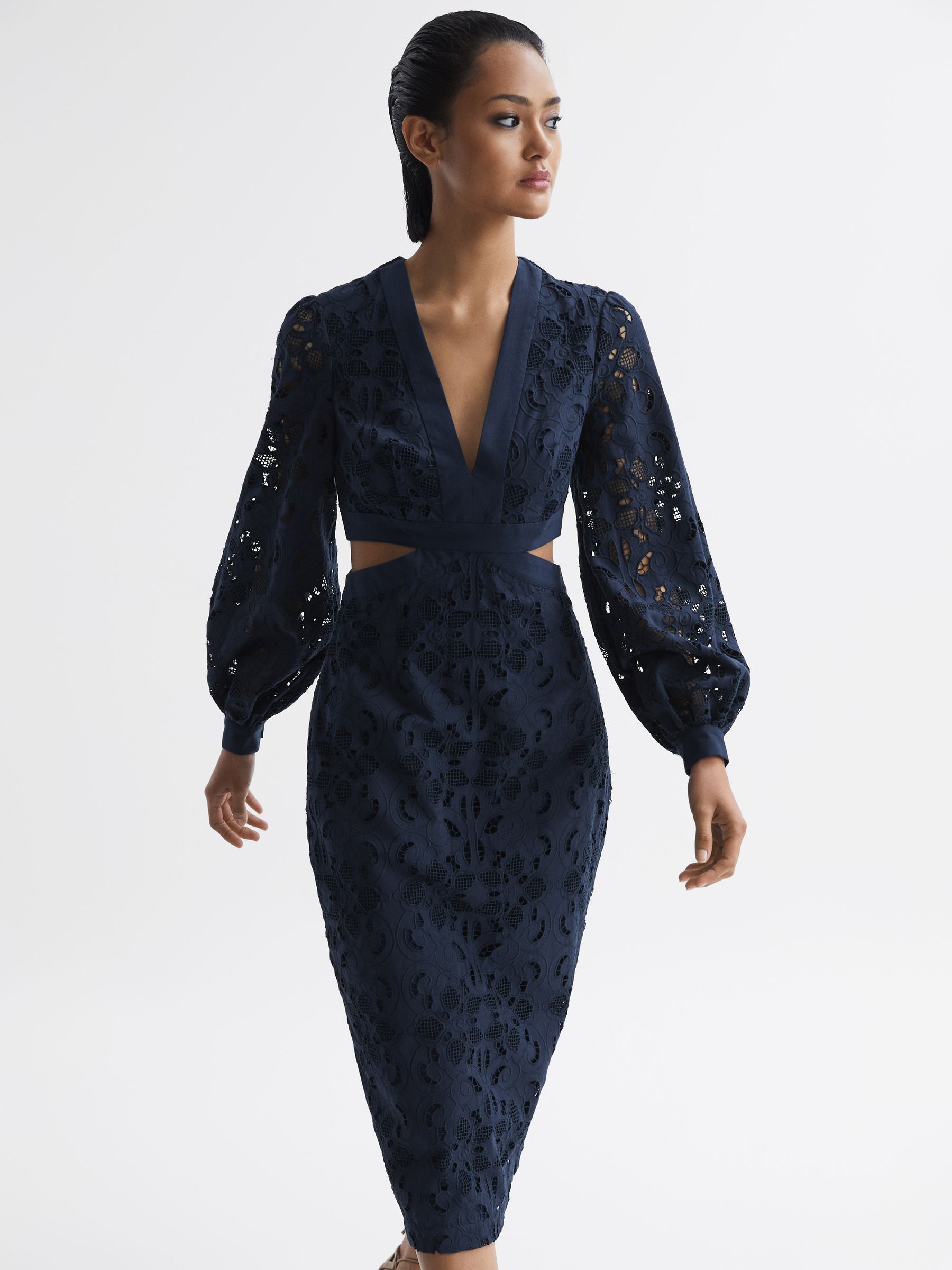 Lace Cut-Out Midi Dress in Navy - Image 1 of 7 Lace Cut-Out Midi Dress in Navy - Image 1 of 7